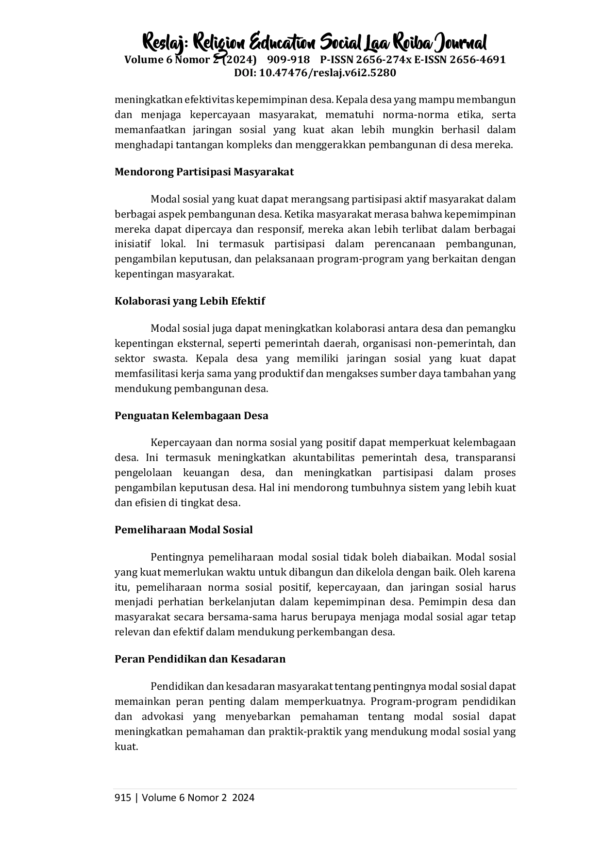 juris Analisis Modal Sosial dalam Kepemimpinan Kepala Desa Sewangi Studi Kasus Berdasarkan Teori Modal Sosial Putnam