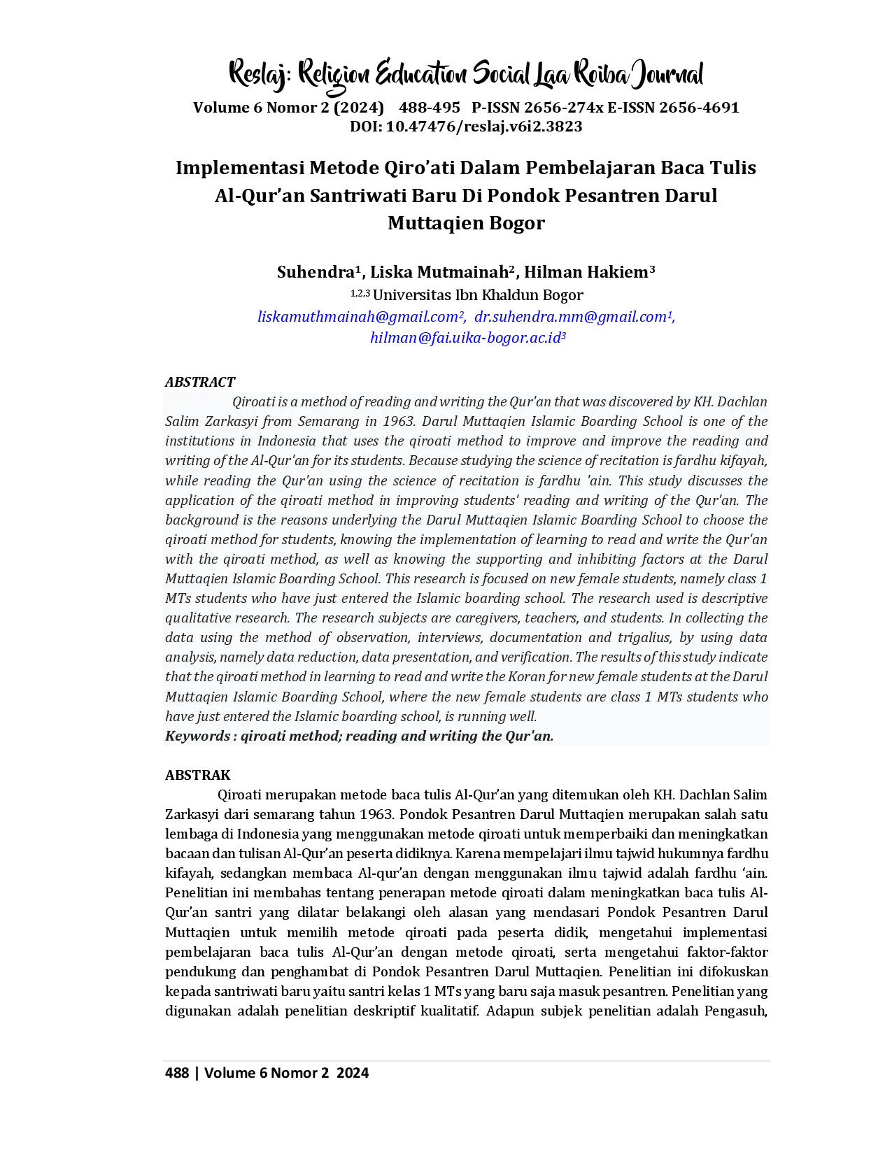 juris Implementasi Metode Qiro ati Dalam Pembelajaran Baca Tulis Al Qur an Santriwati Baru Di Pondok Pesantren Darul Muttaqien Bogor