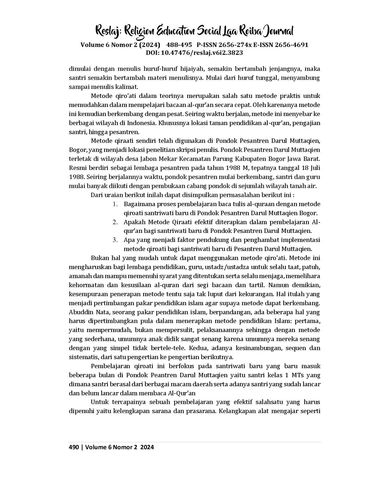 juris Implementasi Metode Qiro ati Dalam Pembelajaran Baca Tulis Al Qur an Santriwati Baru Di Pondok Pesantren Darul Muttaqien Bogor