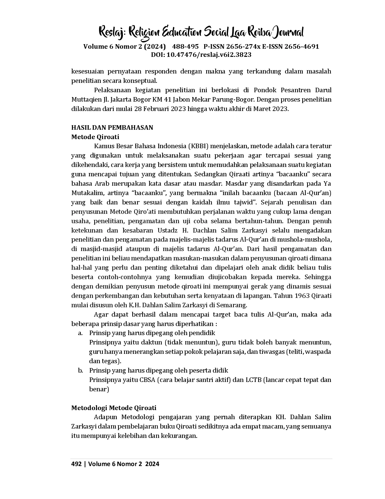 juris Implementasi Metode Qiro ati Dalam Pembelajaran Baca Tulis Al Qur an Santriwati Baru Di Pondok Pesantren Darul Muttaqien Bogor