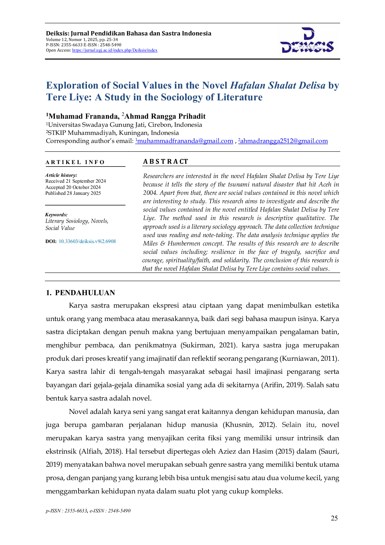 JURIS Exploration of Social Values in the Novel Hafalan Shalat Delisa by Tere Liye A Study in the Sociology of Literature