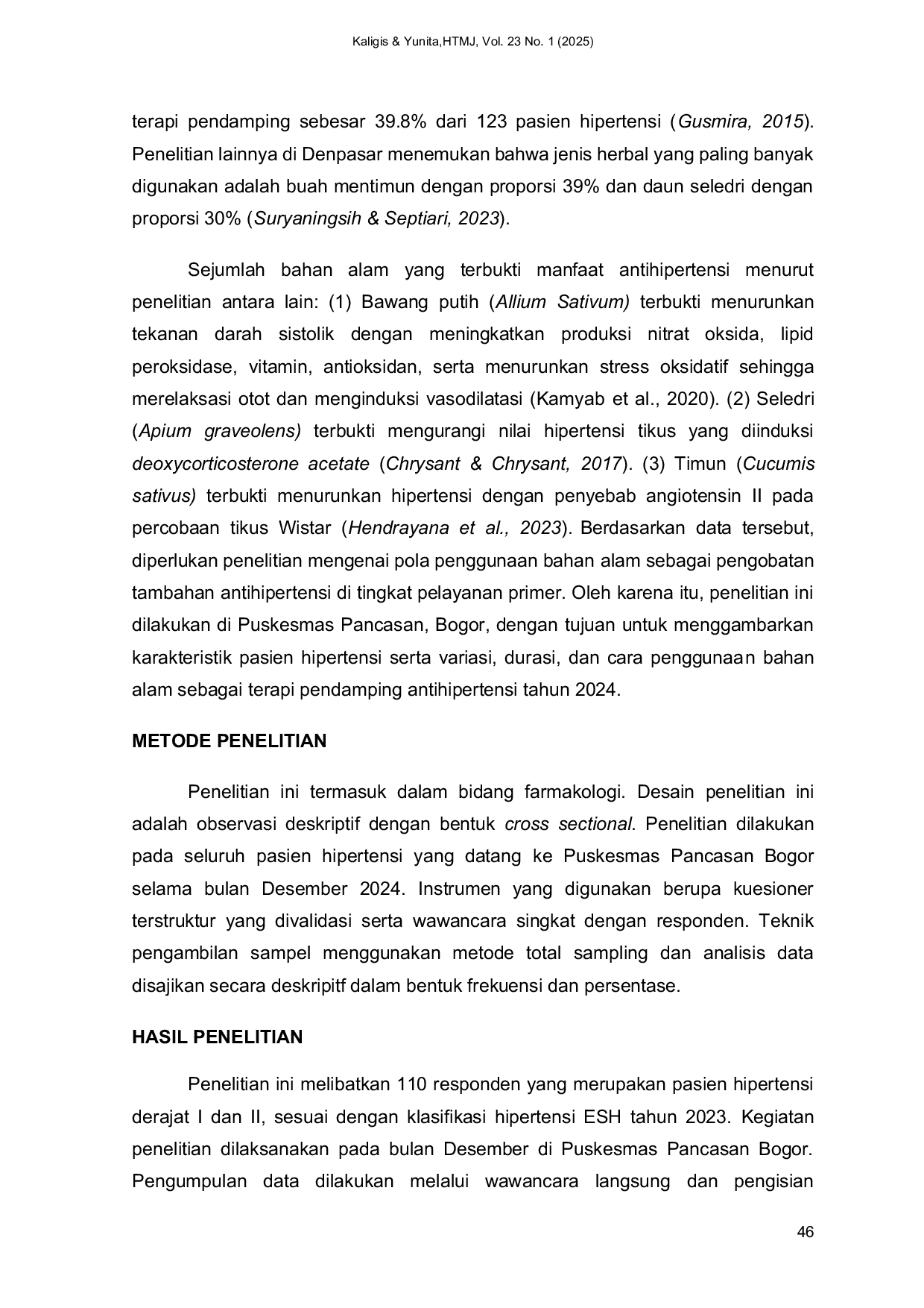 JURIS Pola Pemanfaatan Bahan Alam sebagai Terapi Komplementer Hipertensi di Puskesmas Pancasan