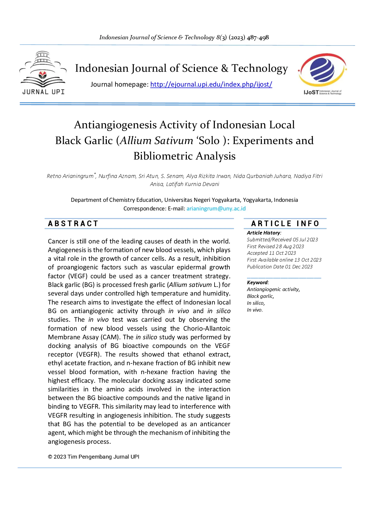 juris Antiangiogenesis Activity of Indonesian Local Black Garlic Allium Sativum Solo Experiments and Bibliometric Analysis