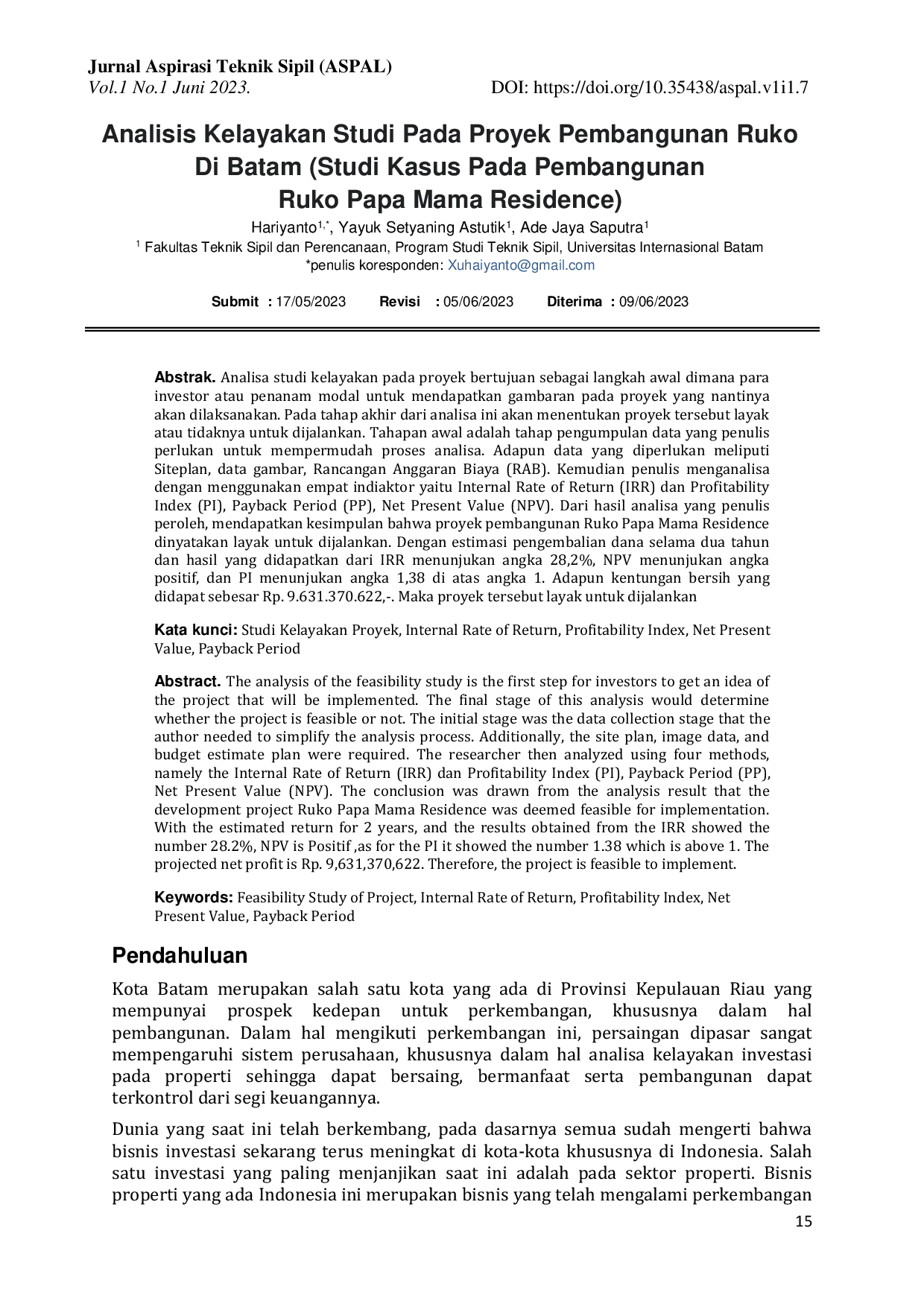 JURIS Analisis Kelayakan Studi Pada Proyek Pembangunan Ruko Di Batam Studi Kasus Pada Pembangunan Ruko Papa Mama Residence