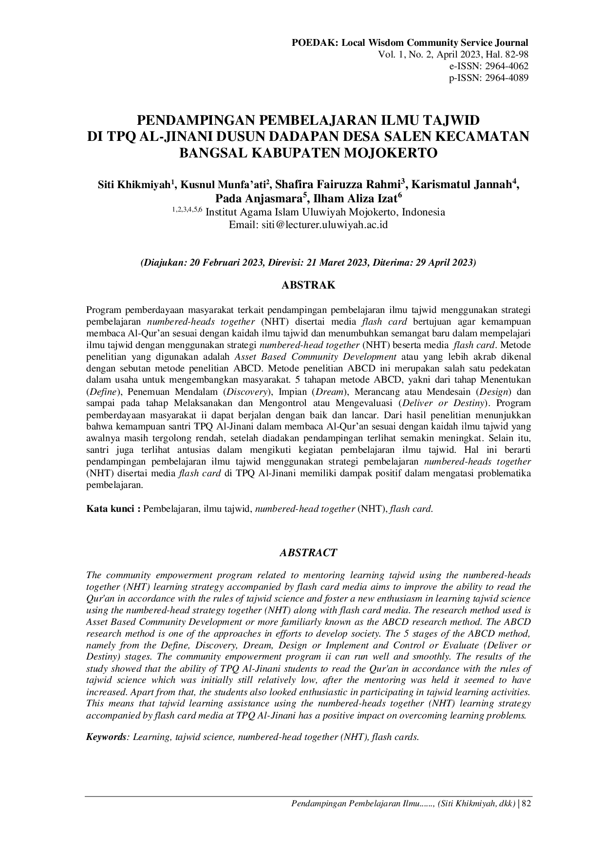 JURIS Pendampingan Pembelajaran Ilmu Tajwid Di Tpq Al Jinani Dusun Dadapan Desa Salen Kecamatan Bangsal Kabupaten Mojokerto