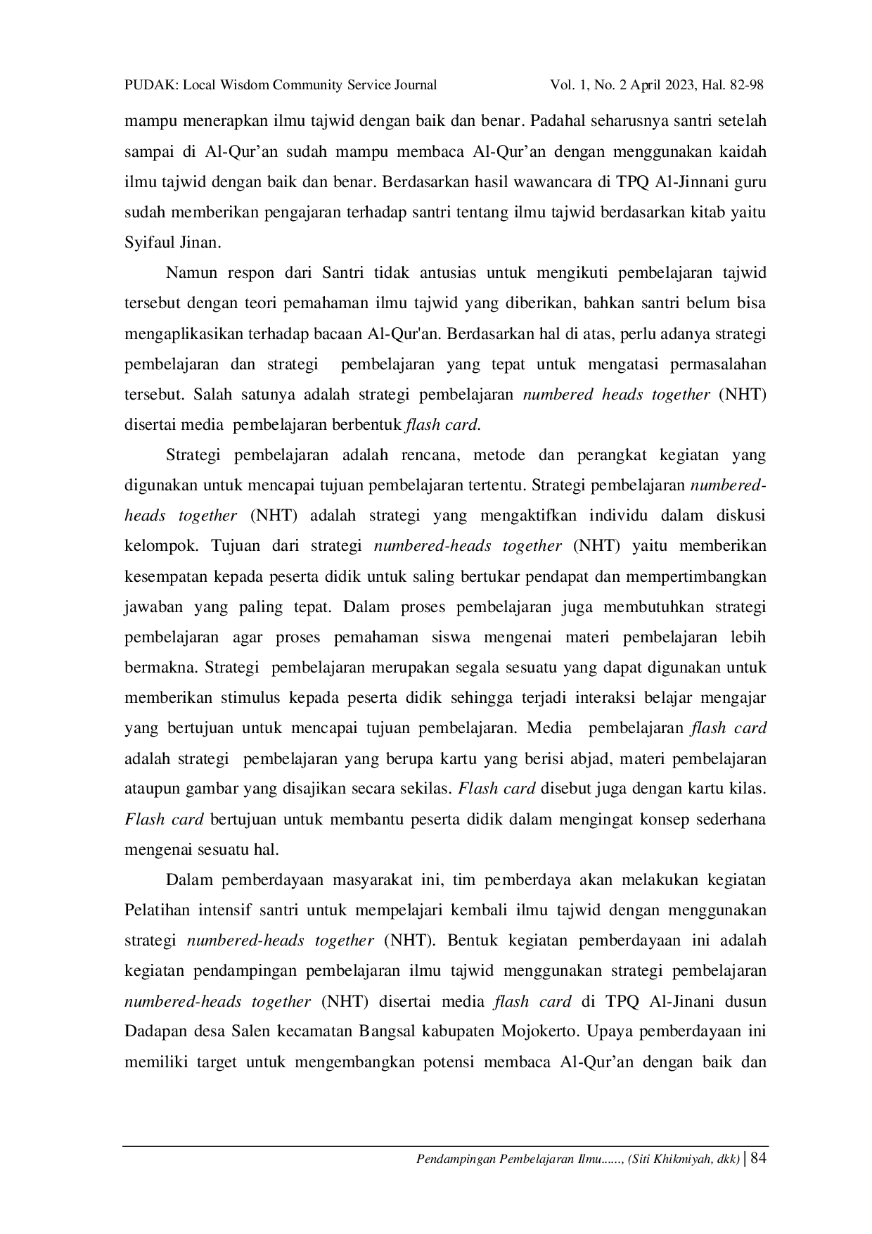 JURIS Pendampingan Pembelajaran Ilmu Tajwid Di Tpq Al Jinani Dusun Dadapan Desa Salen Kecamatan Bangsal Kabupaten Mojokerto