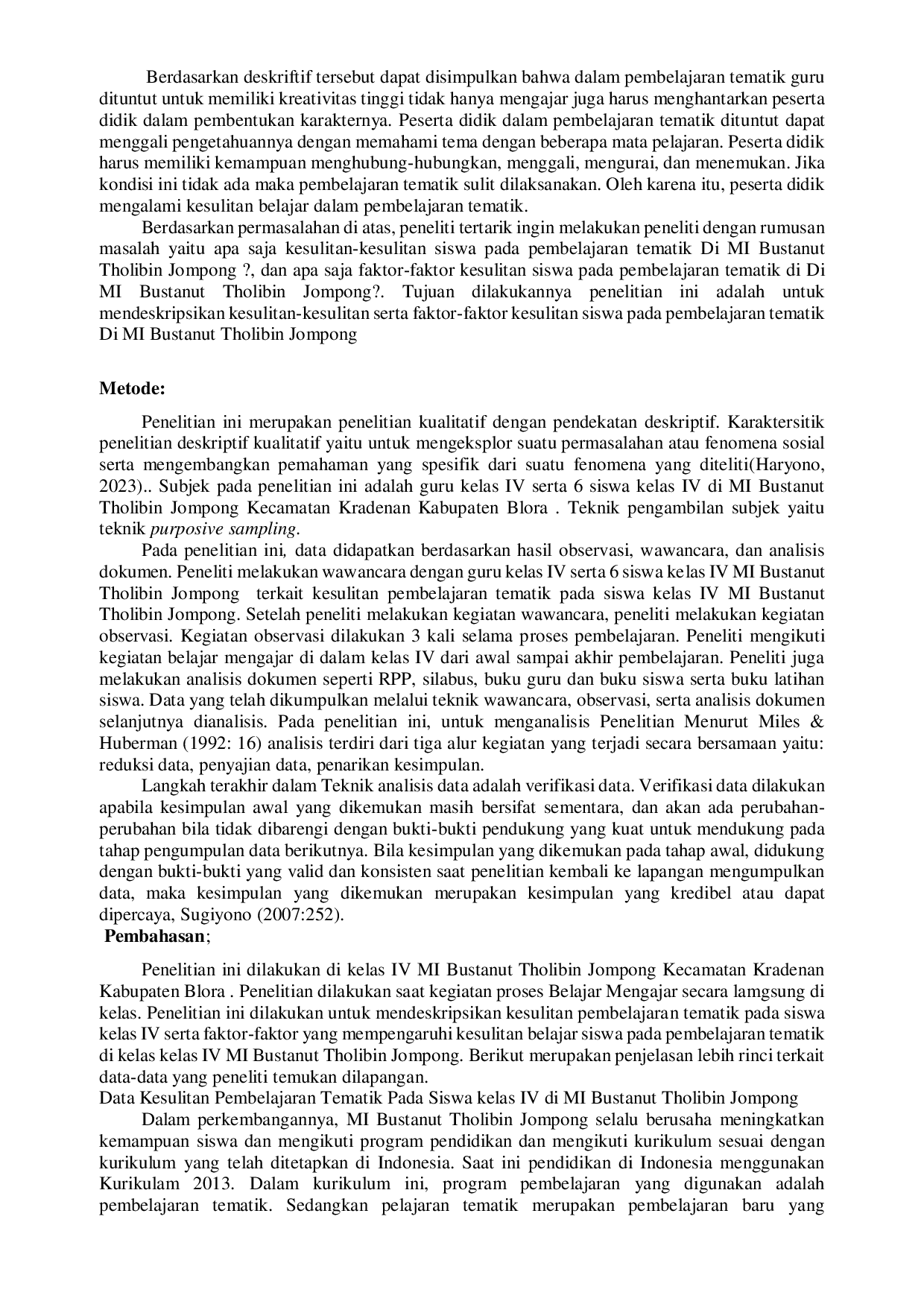 JURIS Analisis Kesulitan Siswa dalam Pembelajaran Tematik Di Mi Bustanut Tholibin Jompong