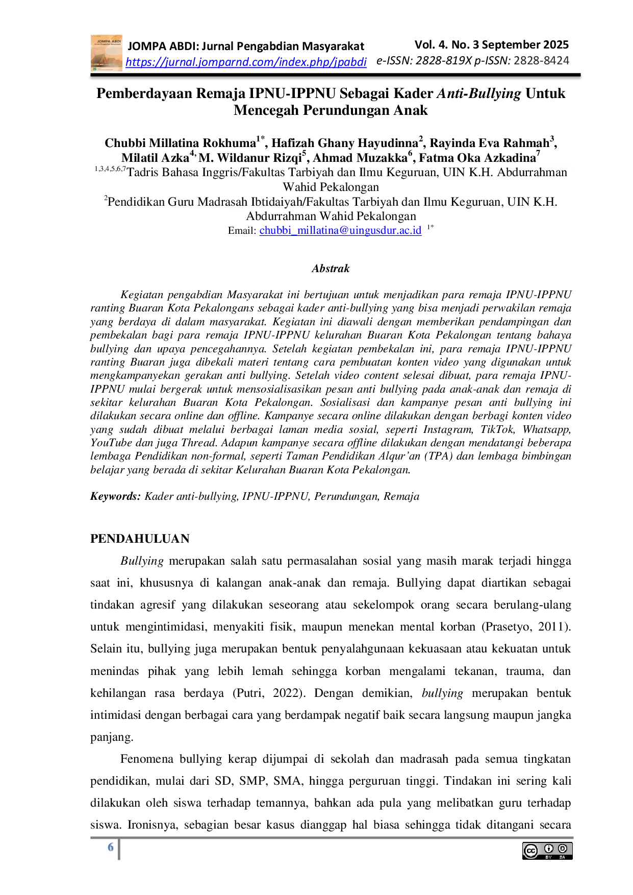 JURIS Pemberdayaan Remaja IPNU IPPNU Sebagai Kader Anti Bullying Untuk Mencegah Perundungan Anak