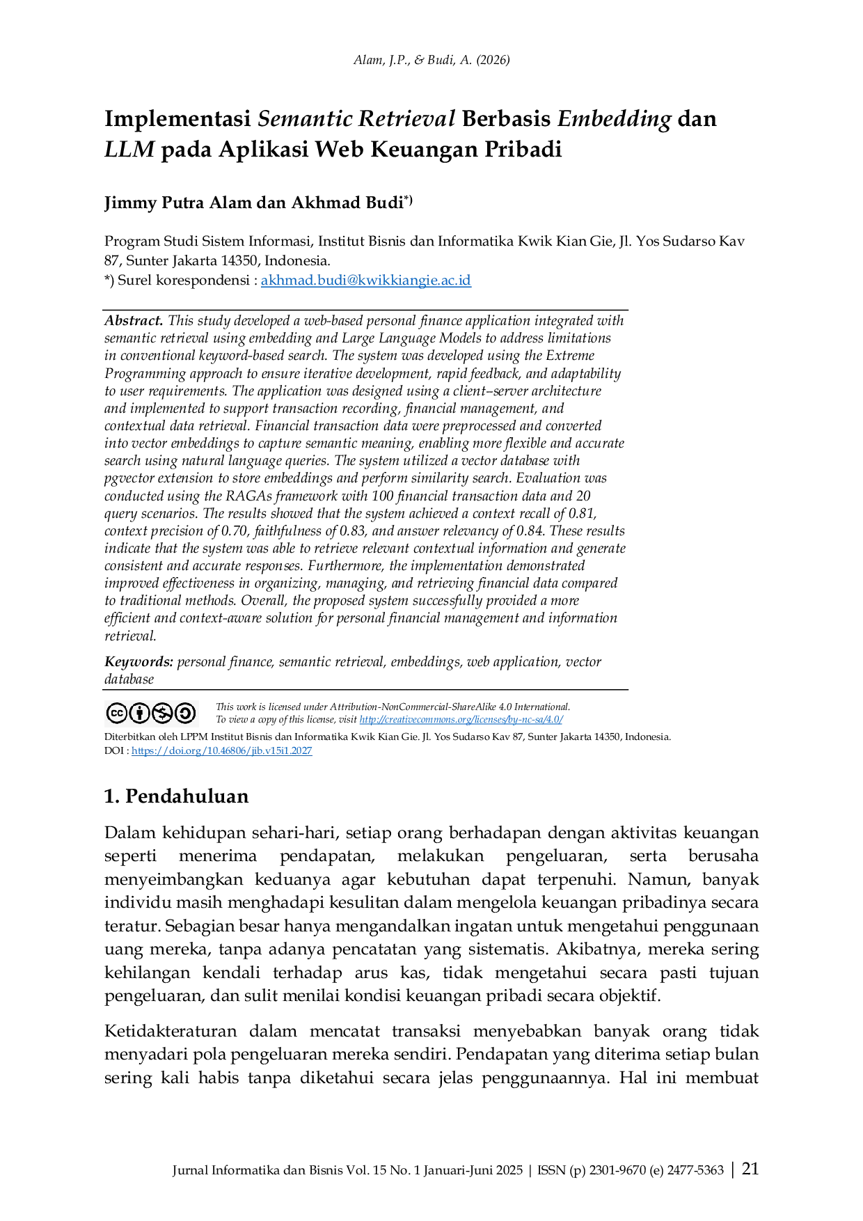 JURIS Implementasi Semantic Retrieval Berbasis Embedding dan LLM pada Aplikasi Web Keuangan Pribadi
