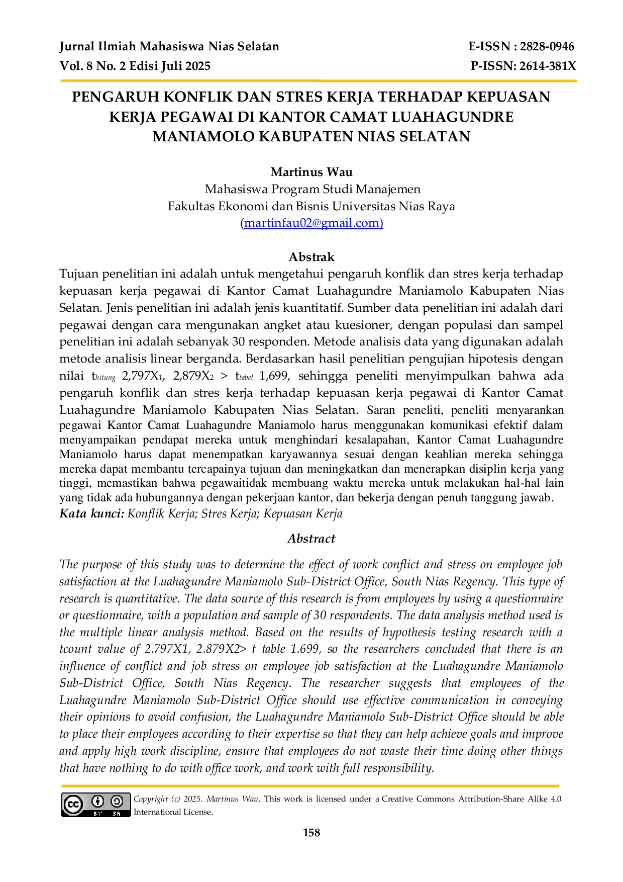 JURIS Pengaruh Konflik Dan Stres Kerja Terhadap Kepuasan Kerja Pegawai Di Kantor Camat Luahagundre Maniamolo Kabupaten Nias Selatan