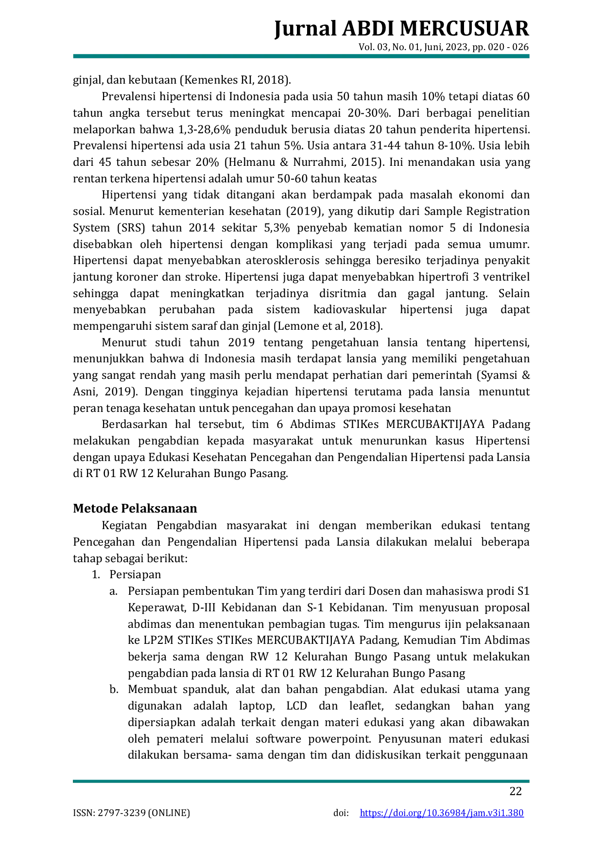 JURIS Edukasi Pencegahan Dan Pengendalian Hipertensi Pada Lansia Di Rt 01 Rw 12 Kelurahan Bungo Pasang