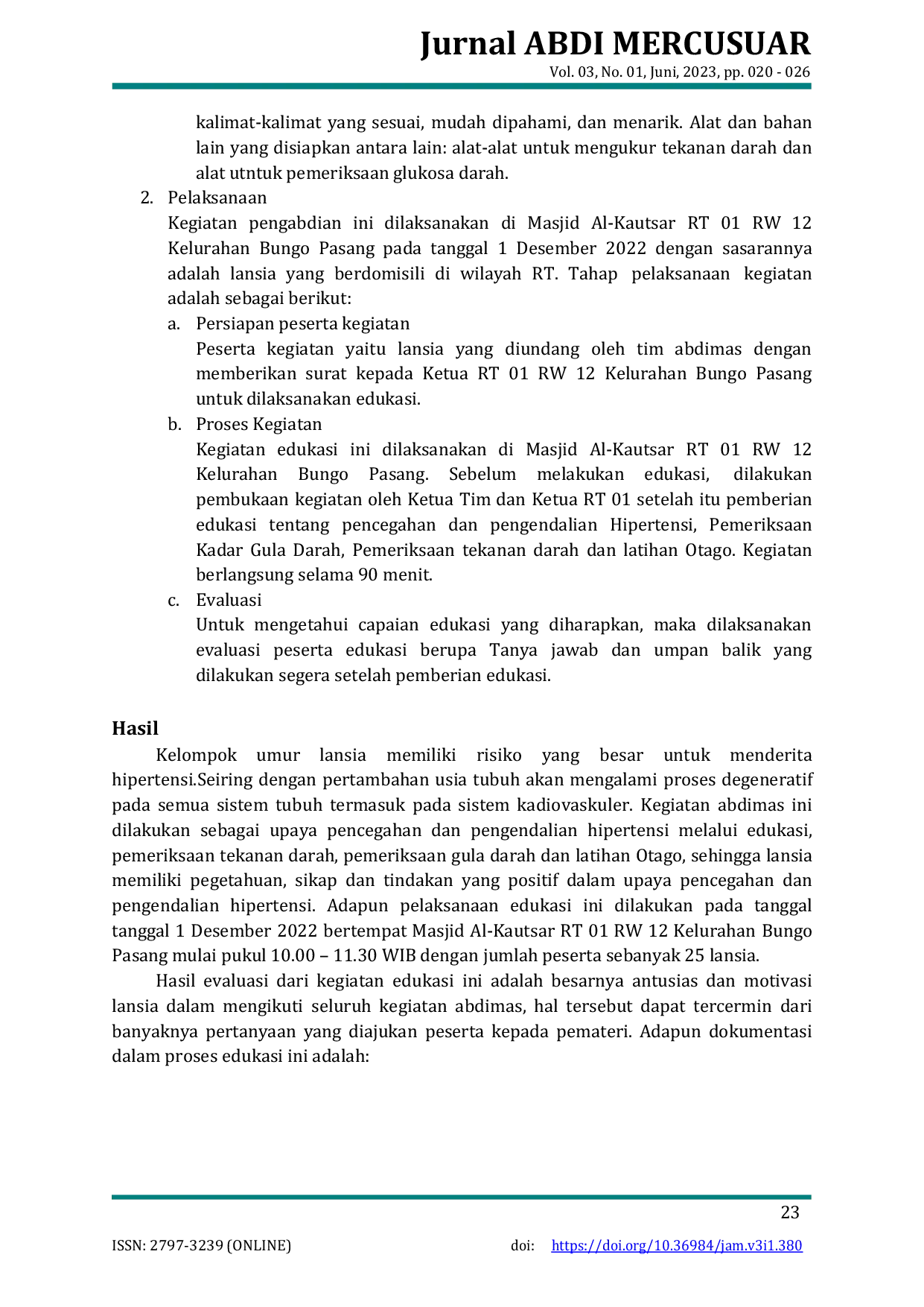 JURIS Edukasi Pencegahan Dan Pengendalian Hipertensi Pada Lansia Di Rt 01 Rw 12 Kelurahan Bungo Pasang