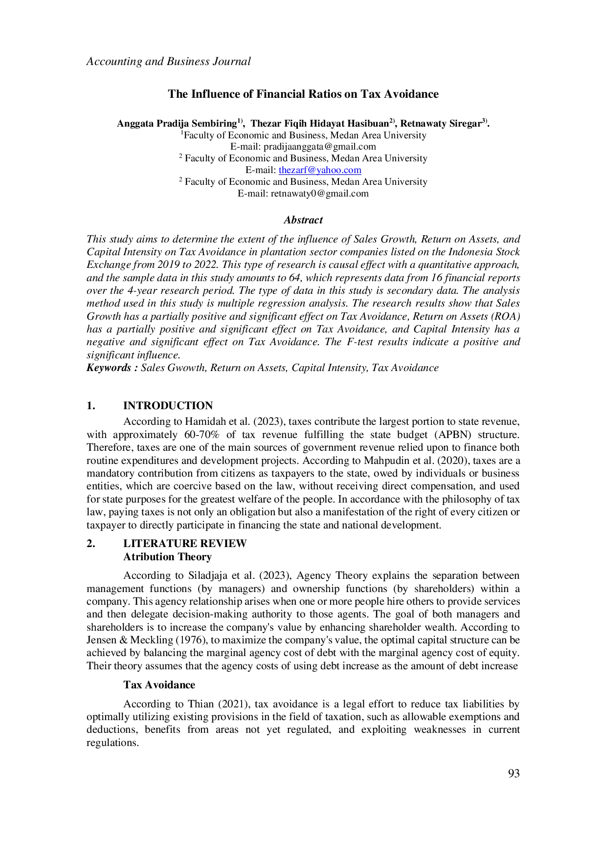 JURIS The Influence of Financial Ratios on Tax Avoidance