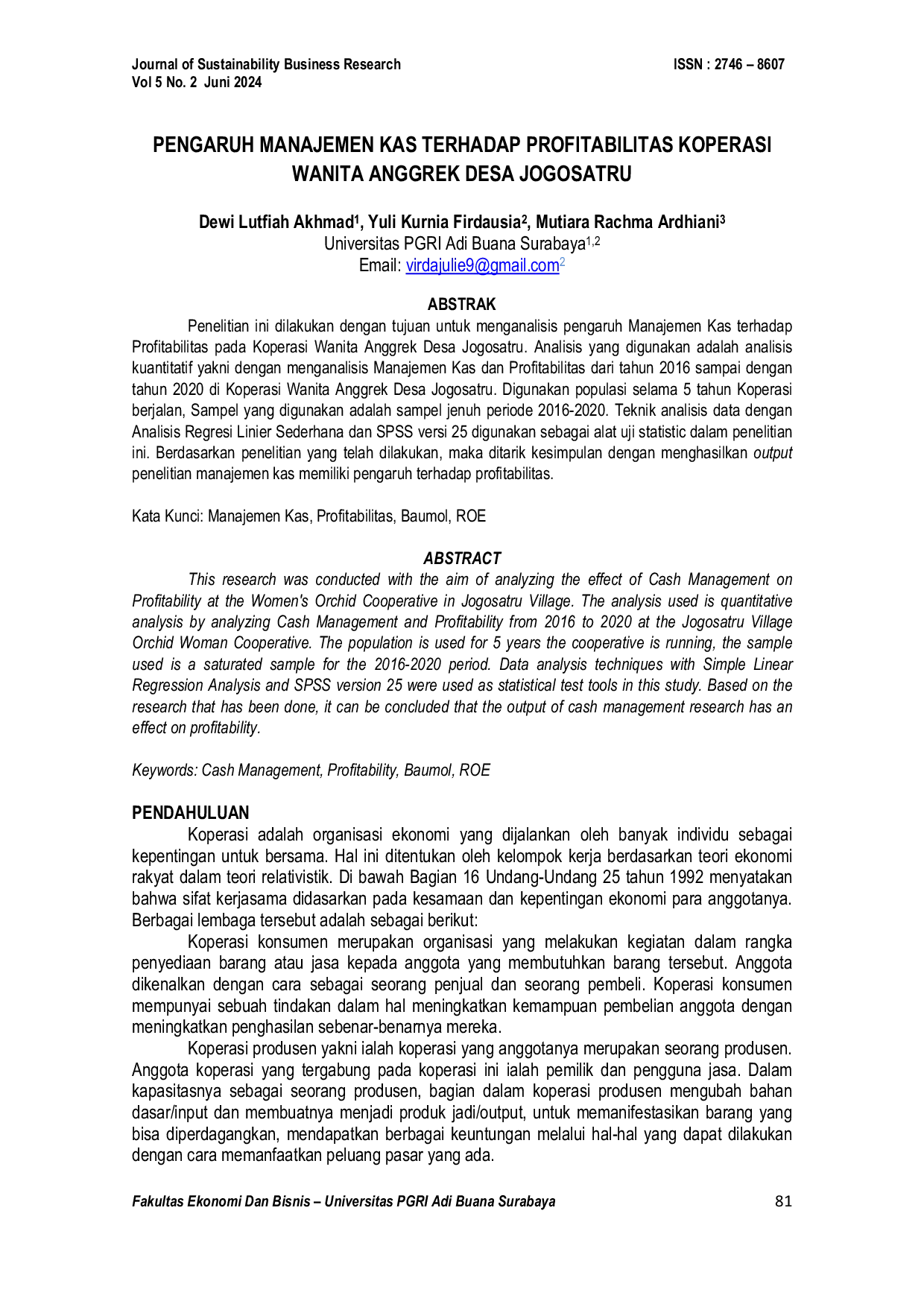 JURIS Pengaruh Manajemen Kas Terhadap Profitabilitas Koperasi Wanita Anggrek Desa Jogosatru