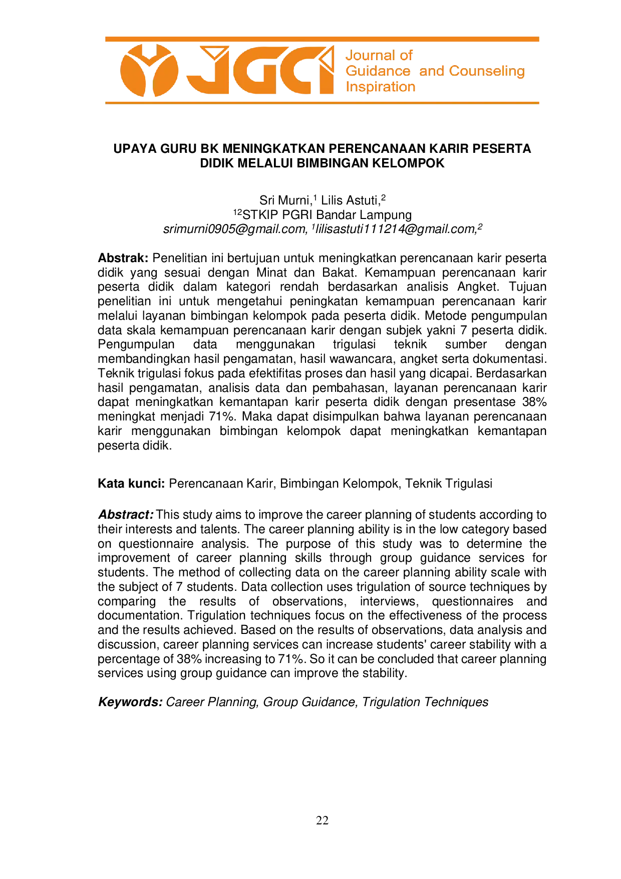 JURIS Upaya Guru BK Meningkatkan Perencanaan Karir Peserta Didik Melalui Bimbingan Kelompok