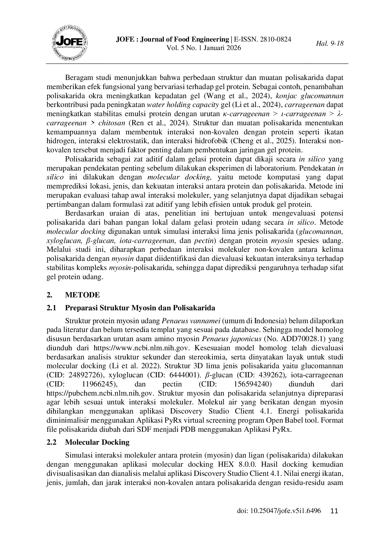 JURIS Studi Molecular Docking Interaksi Myosin dan Polisakarida untuk Prediksi Sifat Gel Protein Udang The Study of Molecular Docking of Myosin and Polysaccharide Interactions to Predict Protein Gel Charac