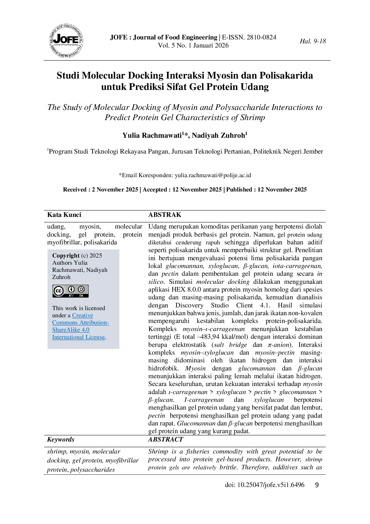 JURIS Studi Molecular Docking Interaksi Myosin dan Polisakarida untuk Prediksi Sifat Gel Protein Udang The Study of Molecular Docking of Myosin and Polysaccharide Interactions to Predict Protein Gel Charac