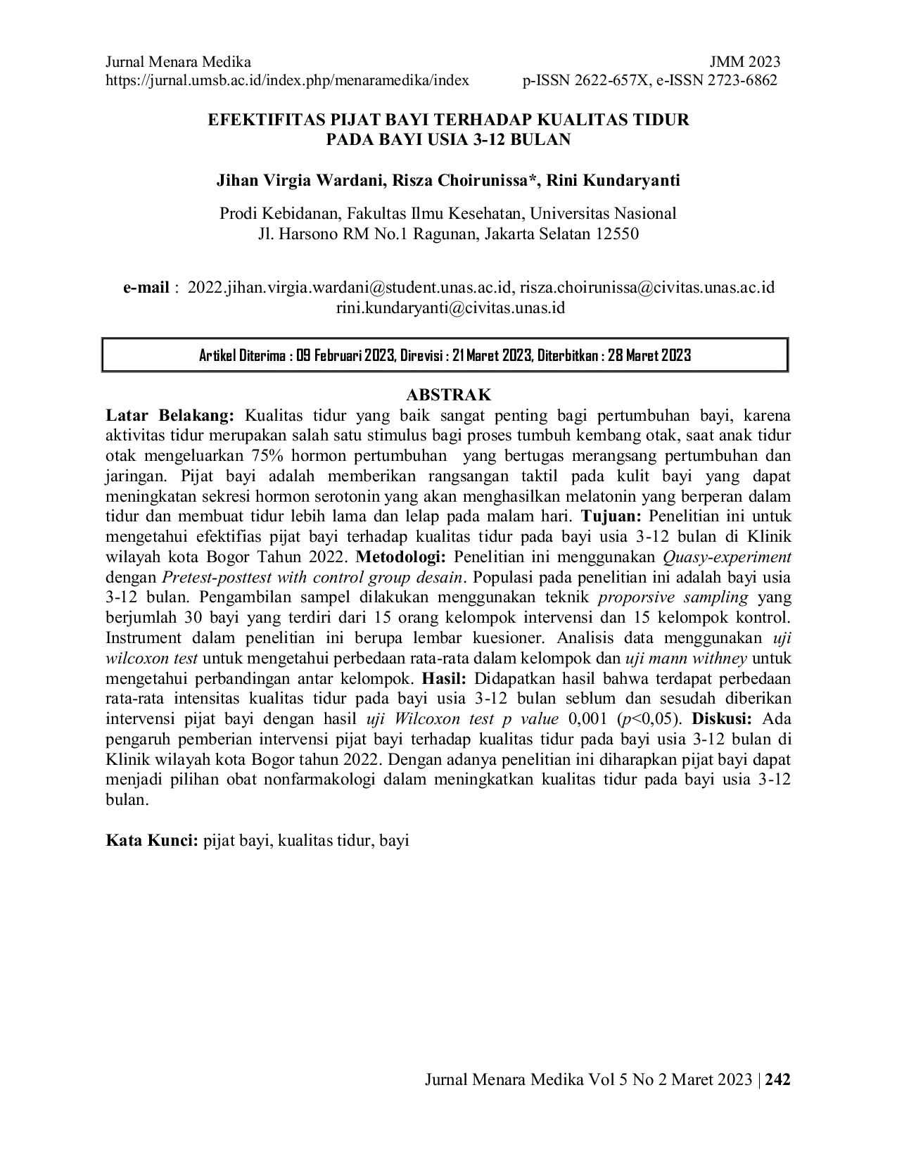 JURIS Efektivitas Pijat Bayi Terhadap Kualitas Tidur Pada Bayi Usia 3 12 Bulan