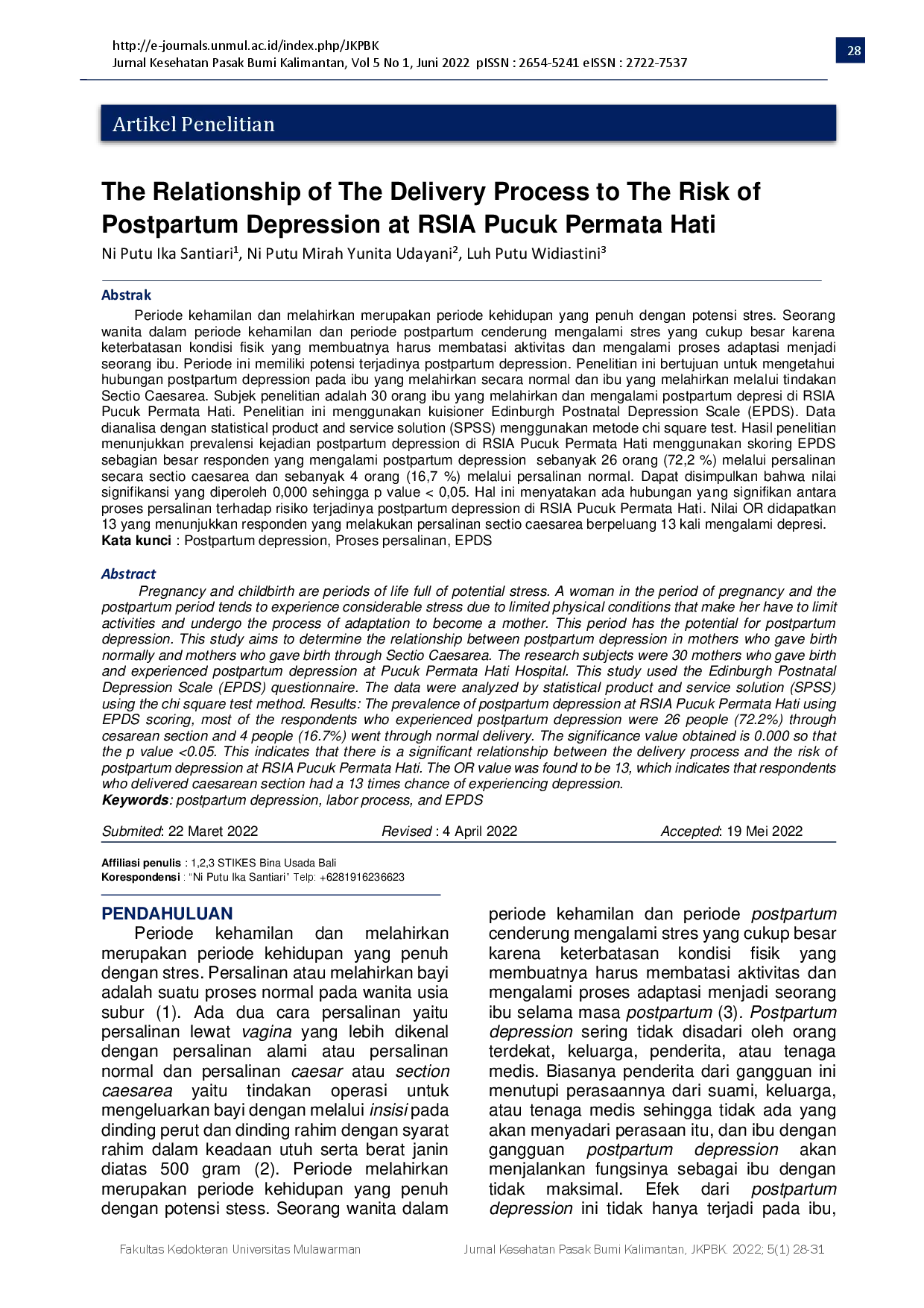 juris The Relationship of The Delivery Process to The Risk of Postpartum Depression at RSIA Pucuk Permata Hati