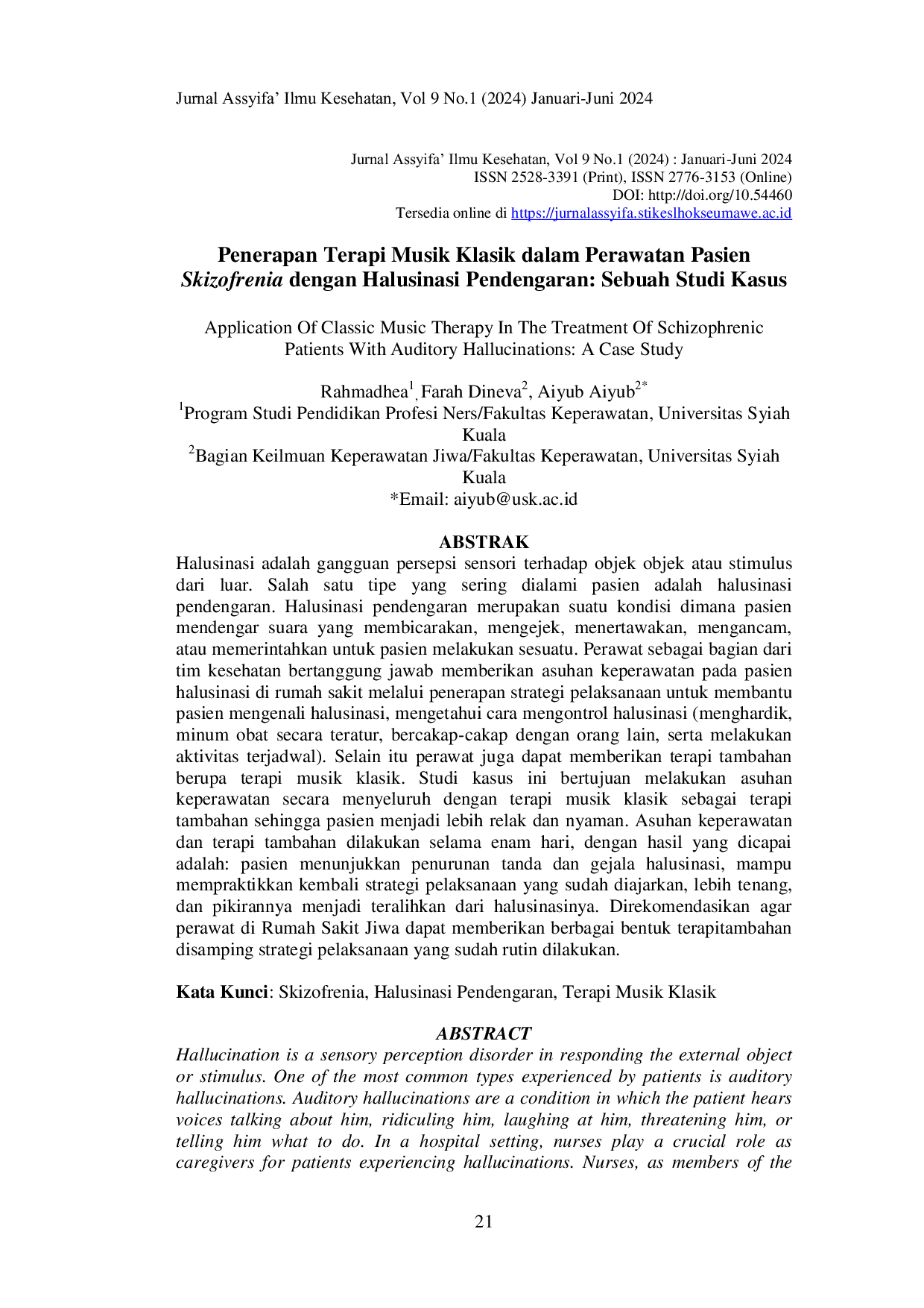 JURIS Penerapan Terapi Musik Klasik Dalam Perawatan Pasien Skizofrenia Dengan HalusinasiPendengaran Sebuah Studi Kasus