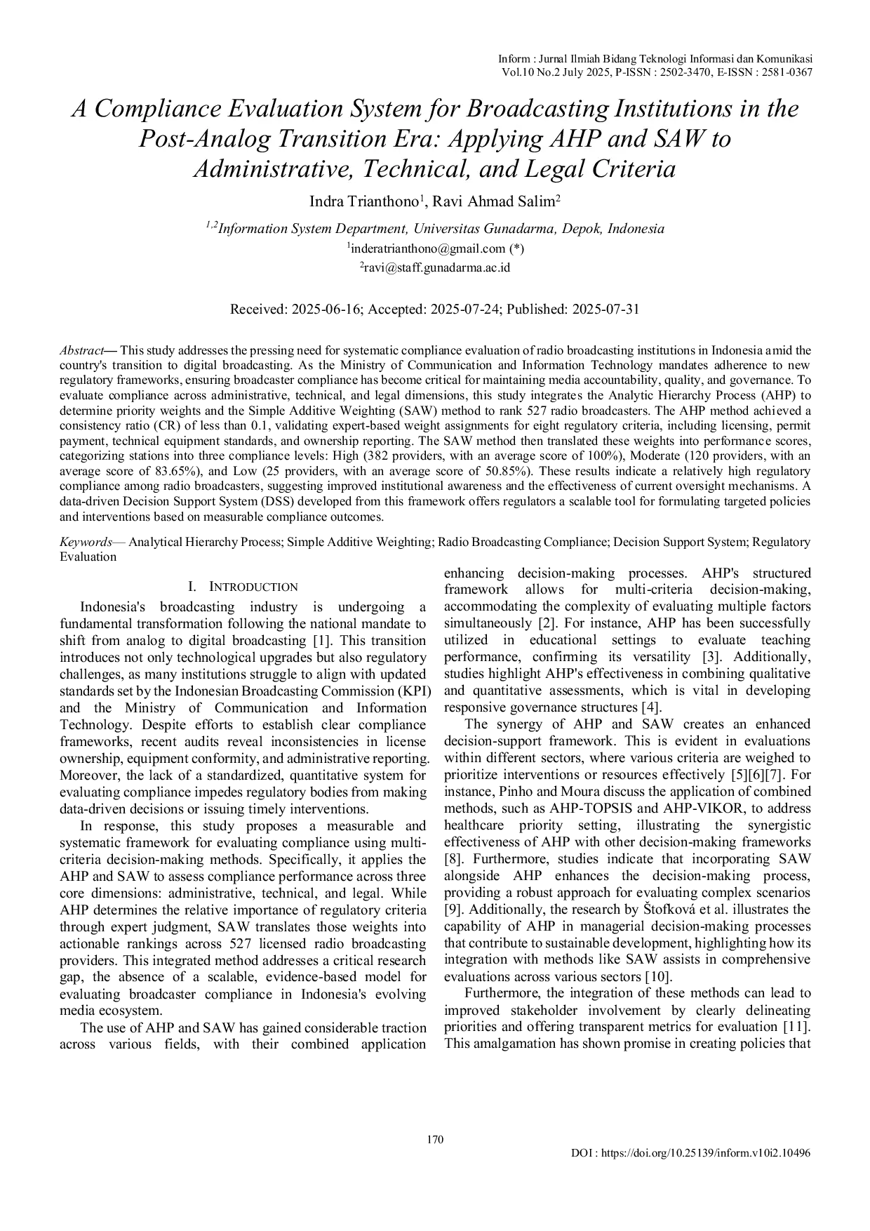 JURIS A Compliance Evaluation System for Broadcasting Institutions in the Post Analog Transition Era Applying AHP and SAW to Administrative Technical and Legal Criteria