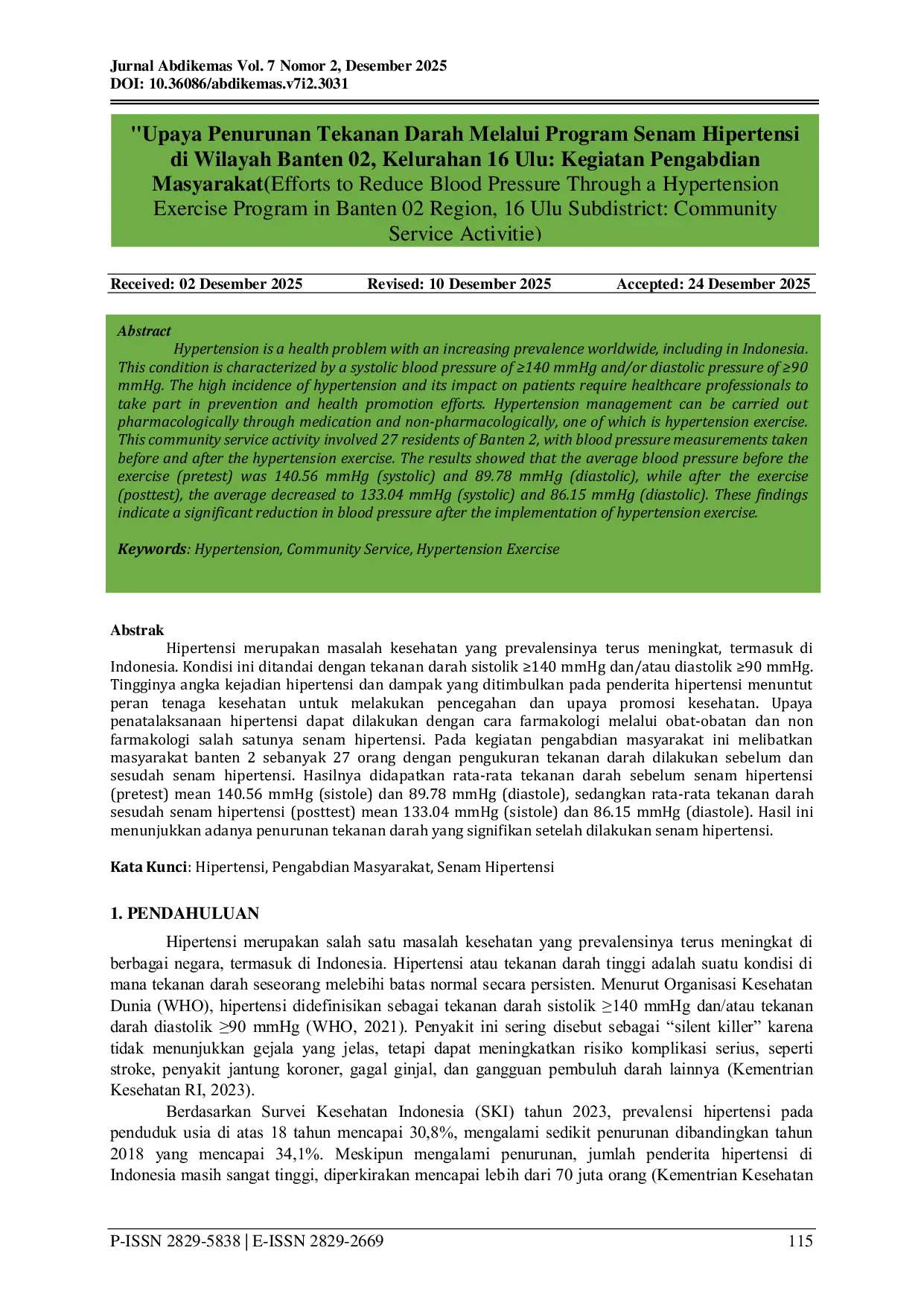 JURIS Upaya Penurunan Tekanan Darah Melalui Program Senam Hipertensi di Kota Palembang