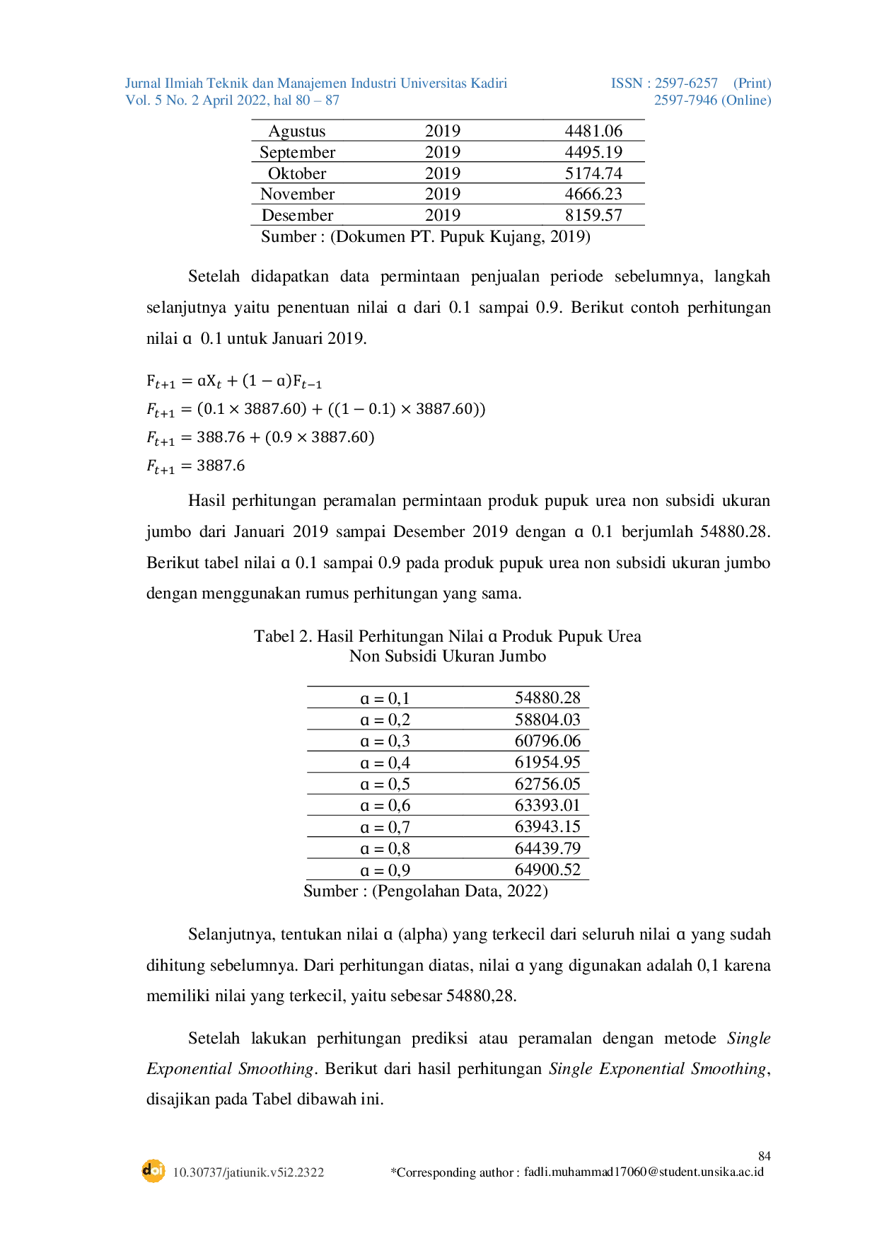 JURIS Peramalan Penjualan Pupuk Urea Dengan Menggunakan Metode Single Exponential Smoothing