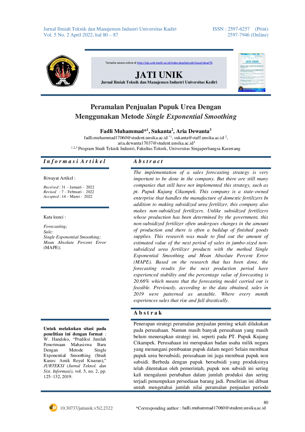 JURIS Peramalan Penjualan Pupuk Urea Dengan Menggunakan Metode Single Exponential Smoothing