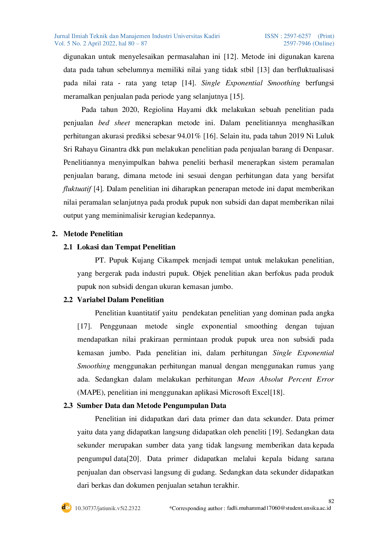 JURIS Peramalan Penjualan Pupuk Urea Dengan Menggunakan Metode Single Exponential Smoothing