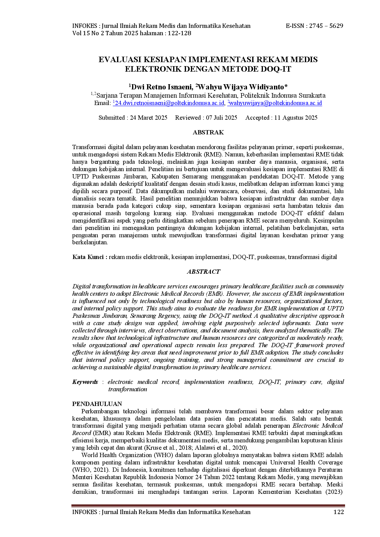 juris Evaluasi Kesiapan Implementasi Rekam Medis Elektronik Dengan Metode Doq It