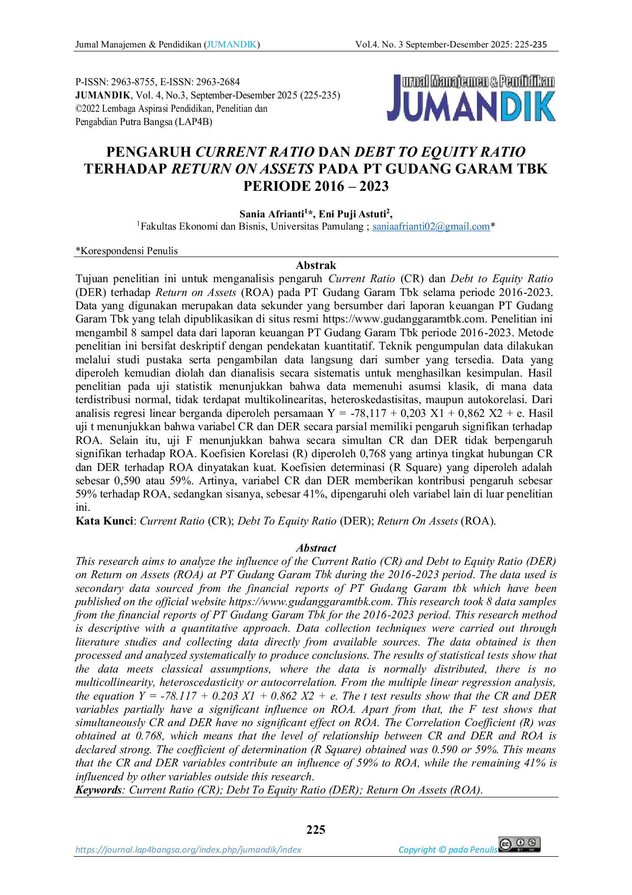 JURIS Pengaruh Current Ratio Dan Debt To Equity Ratio Terhadap Return On Assets Pada Pt Gudang Garam Tbk Periode 2016 2023