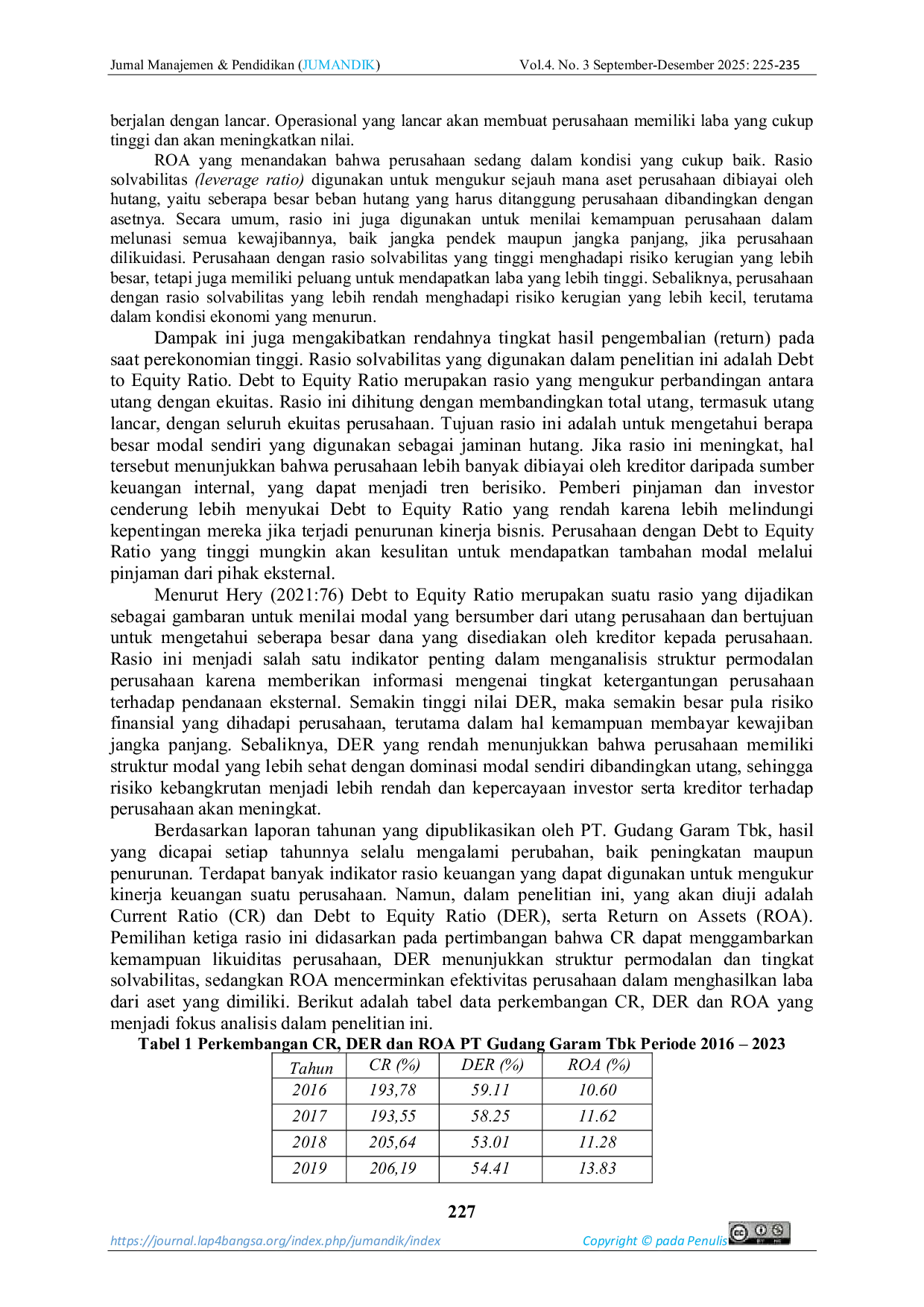JURIS Pengaruh Current Ratio Dan Debt To Equity Ratio Terhadap Return On Assets Pada Pt Gudang Garam Tbk Periode 2016 2023