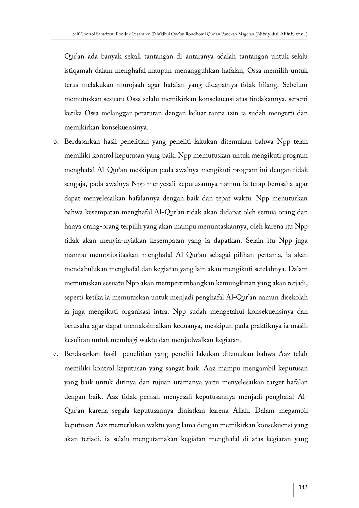 JURIS Self Control Santriwati Pondok Pesantren Tahfidhul Qur an Roudhotul Qur an Panekan Magetan