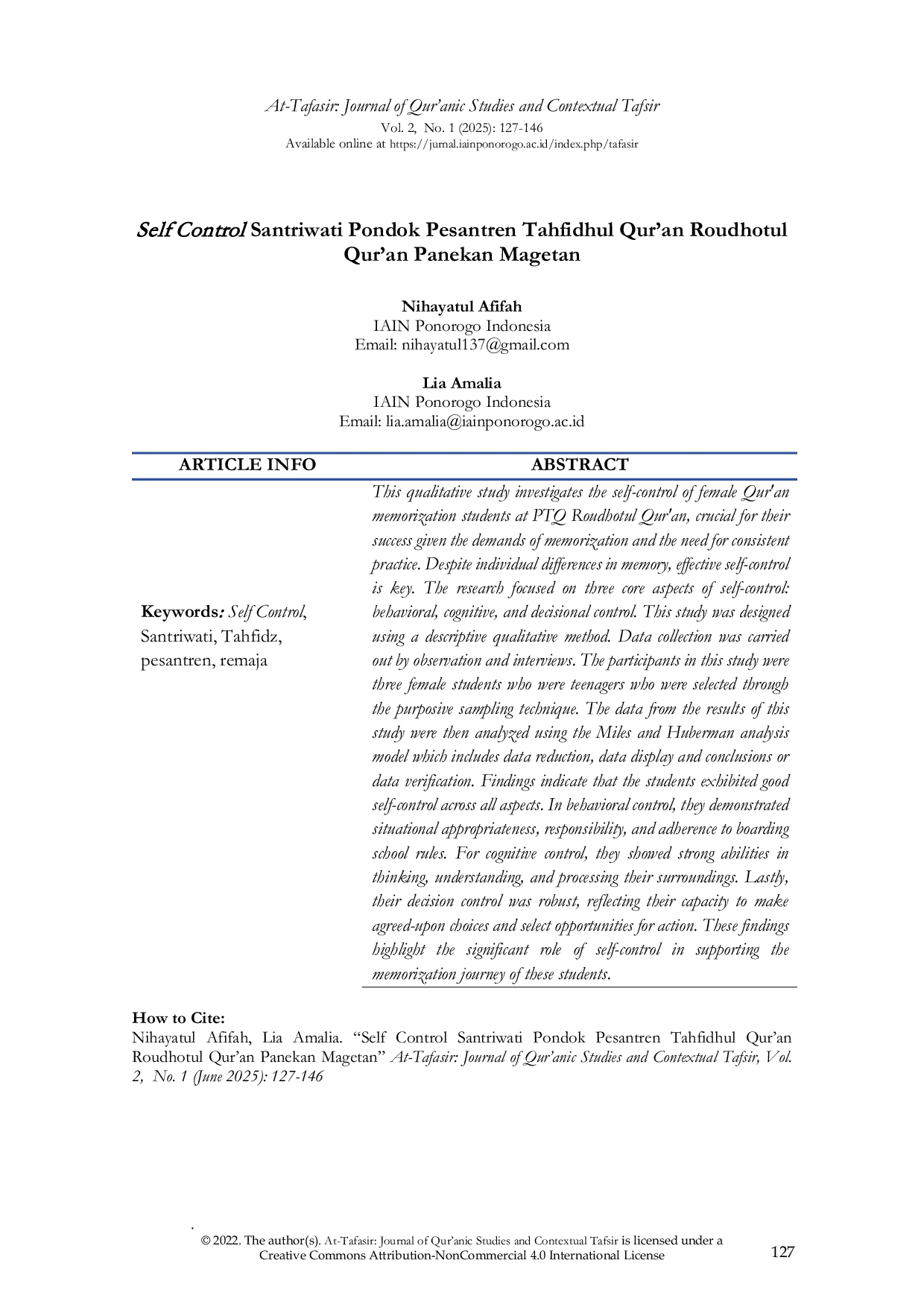 JURIS Self Control Santriwati Pondok Pesantren Tahfidhul Qur an Roudhotul Qur an Panekan Magetan