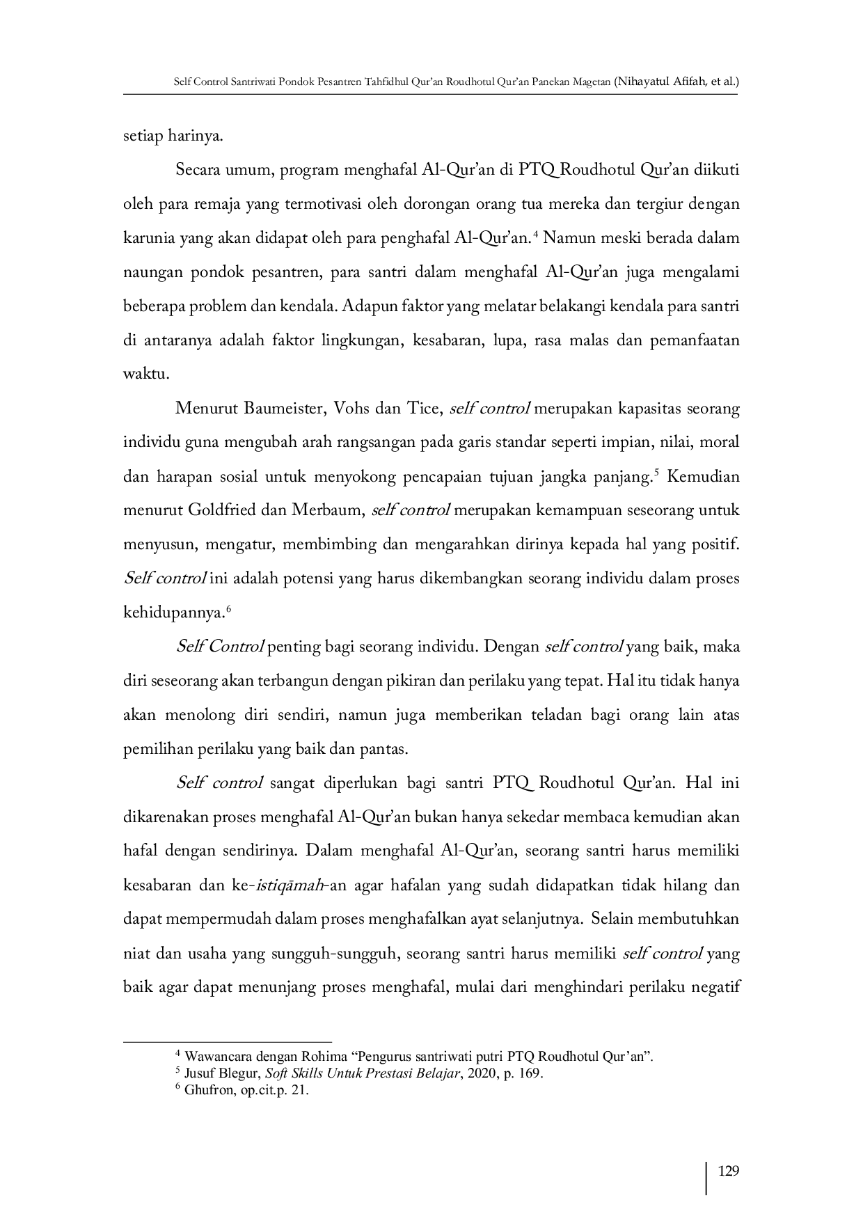 JURIS Self Control Santriwati Pondok Pesantren Tahfidhul Qur an Roudhotul Qur an Panekan Magetan