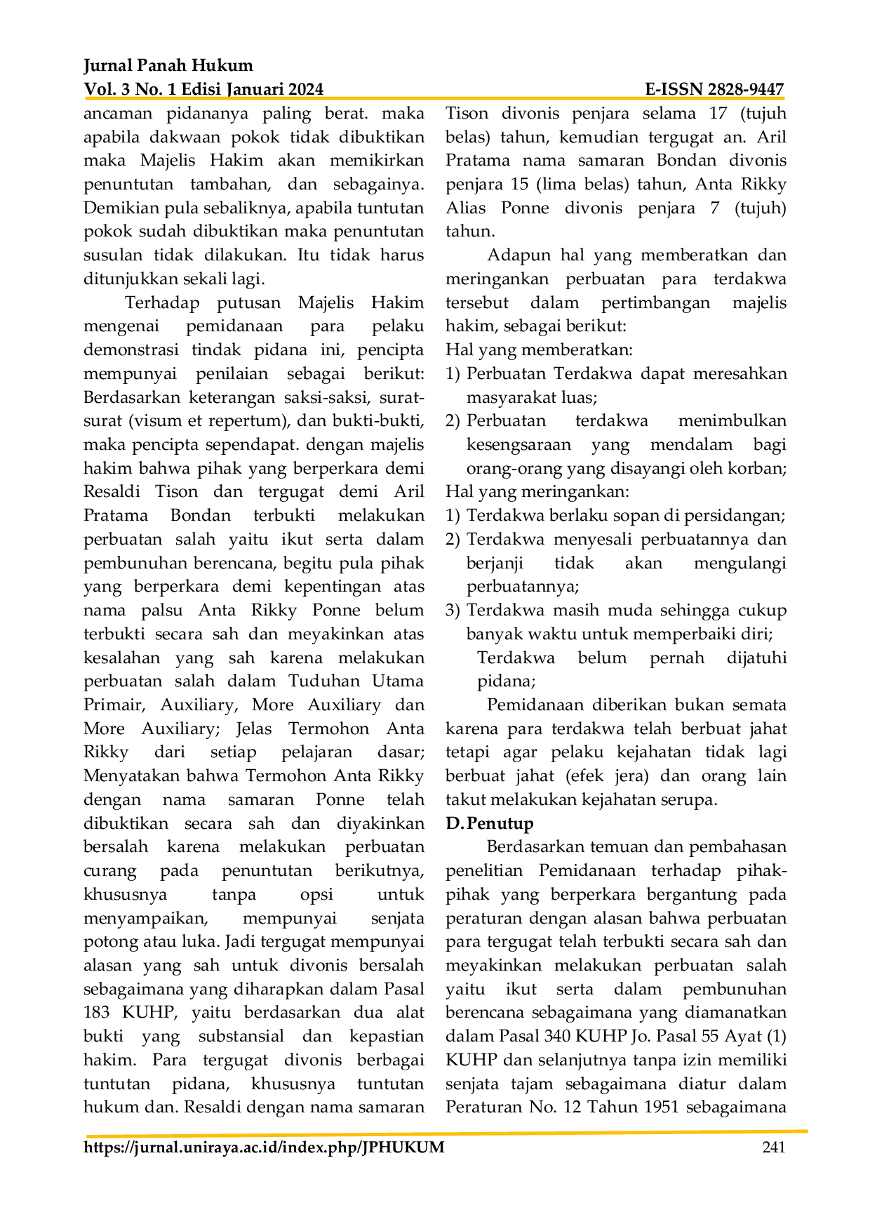 JURIS Pemidanaan Pelaku Tindak Pidana Pembunuhan Berencana Yang Dilakukan Secara Bersama Sama