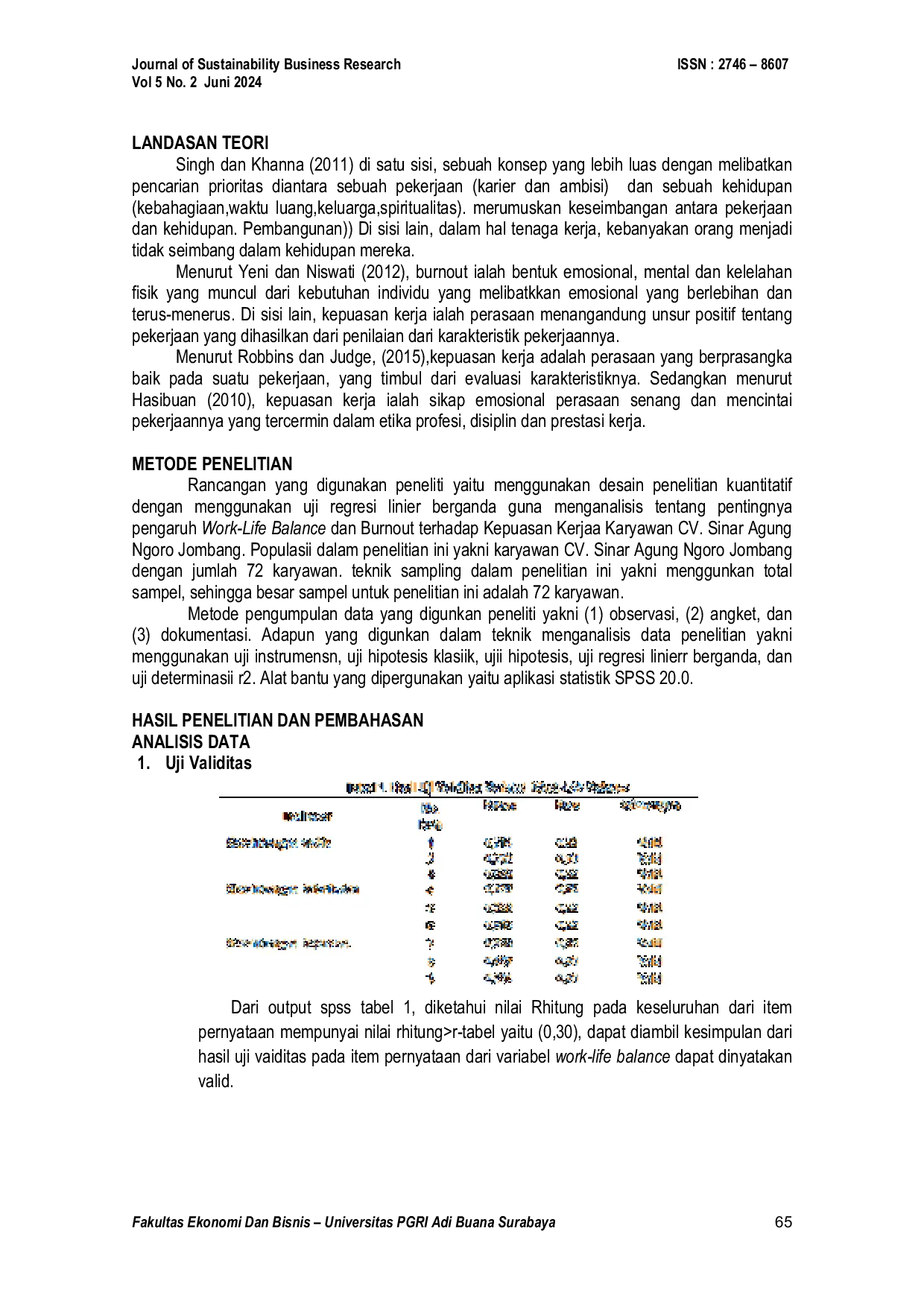 JURIS Pengaruh Work Life Balance Dan Burnout Terhadap Kepuasan Kerja Karyawan Cv Sinar Agung Ngoro Jombang