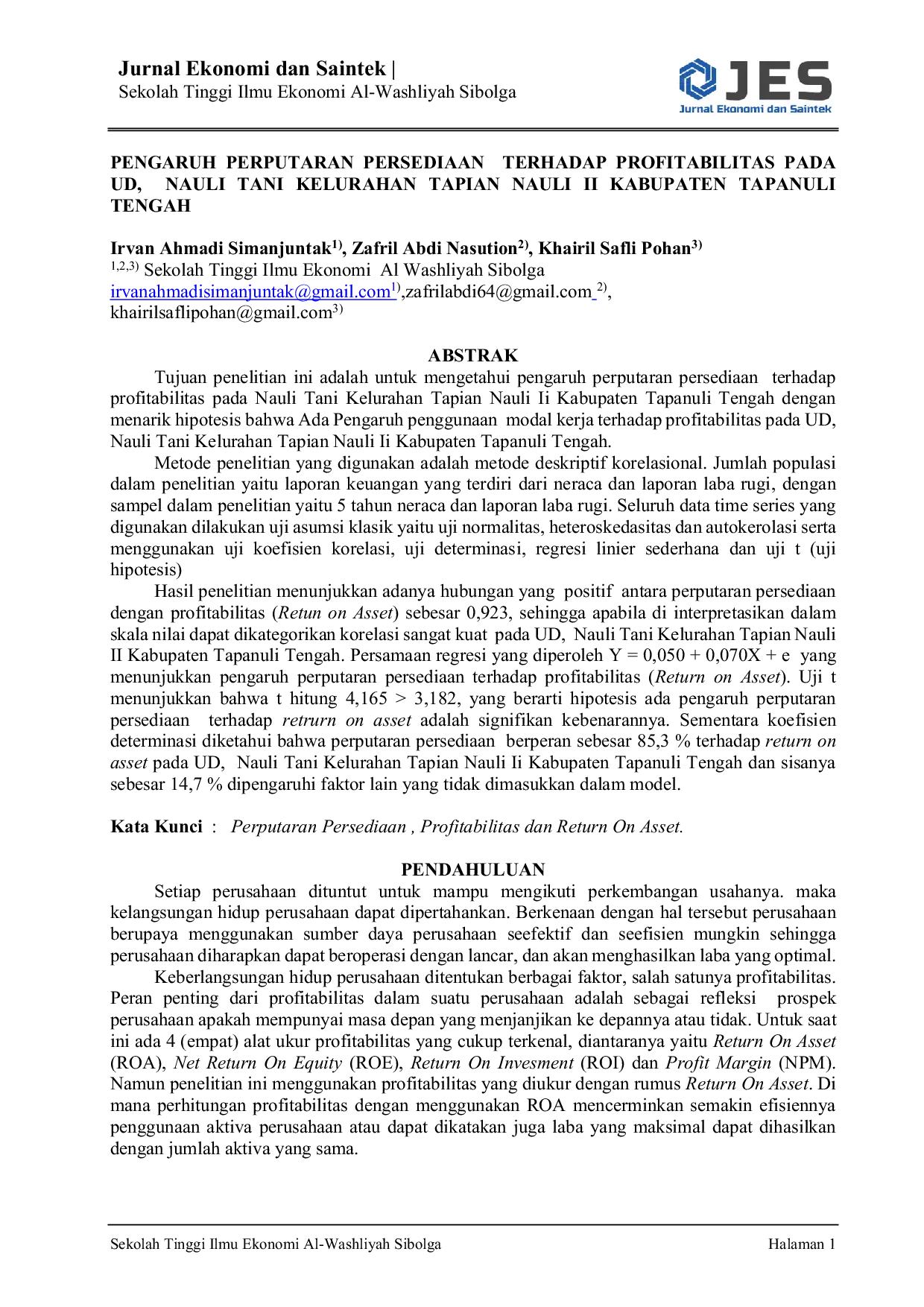 JURIS Pengaruh Perputaran Persediaan Terhadap Profitabilitas Pada Ud Nauli Tani Kelurahan Tapian Nauli Ii Kabupaten Tapanuli Tengah