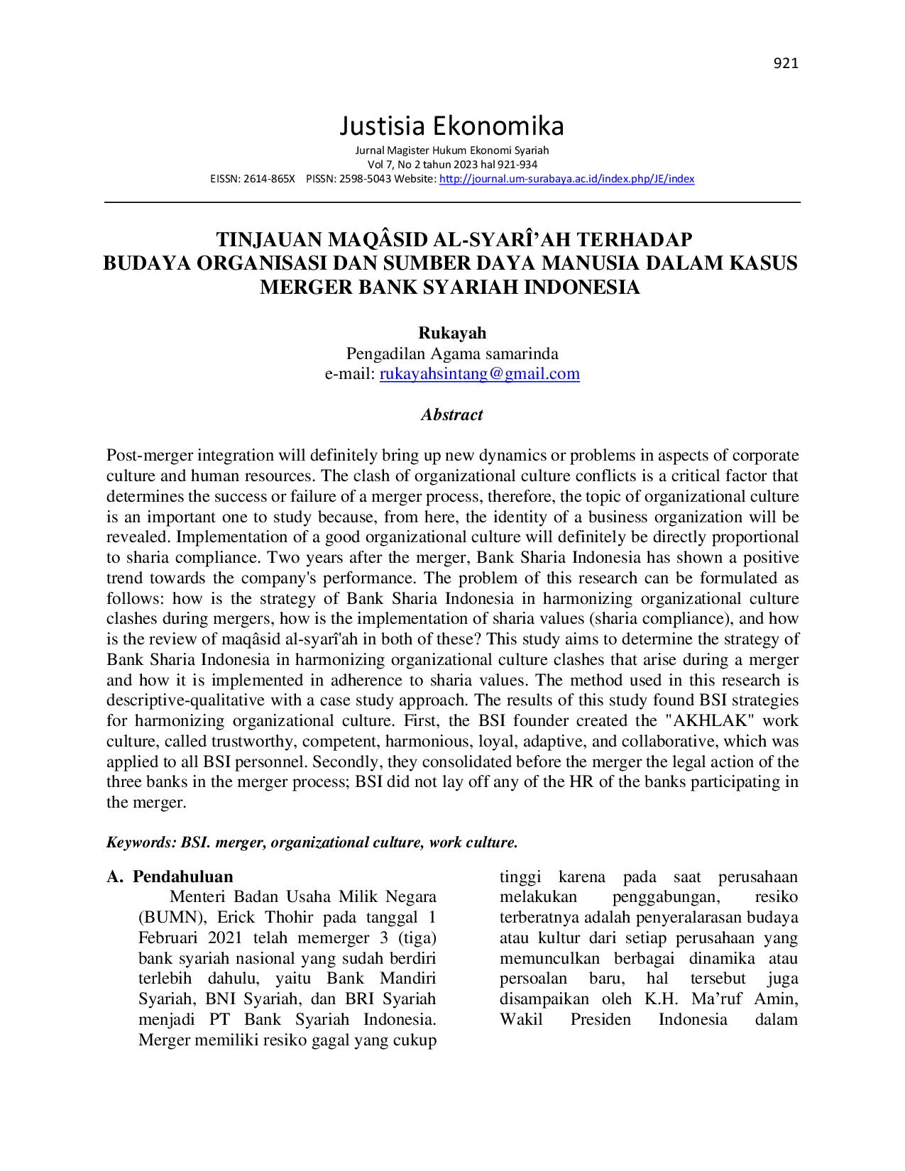 JURIS Tinjauan Maq sid Al Syar ah Terhadap Budaya Organisasi dan Sumber Daya Manusia dalam Kasus Merger Bank Syariah Indonesia