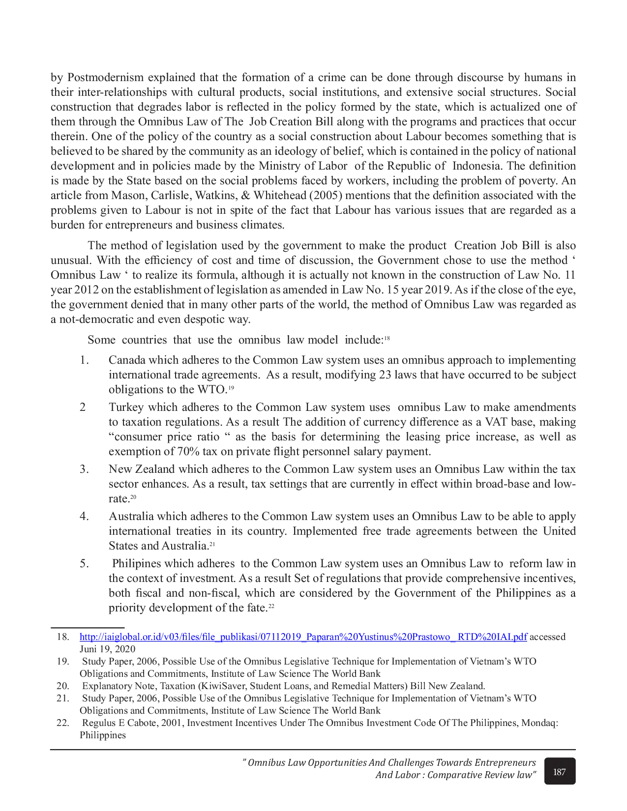 JURIS Omnibus Law On Job Creation Bill In The Zemiology Perspective