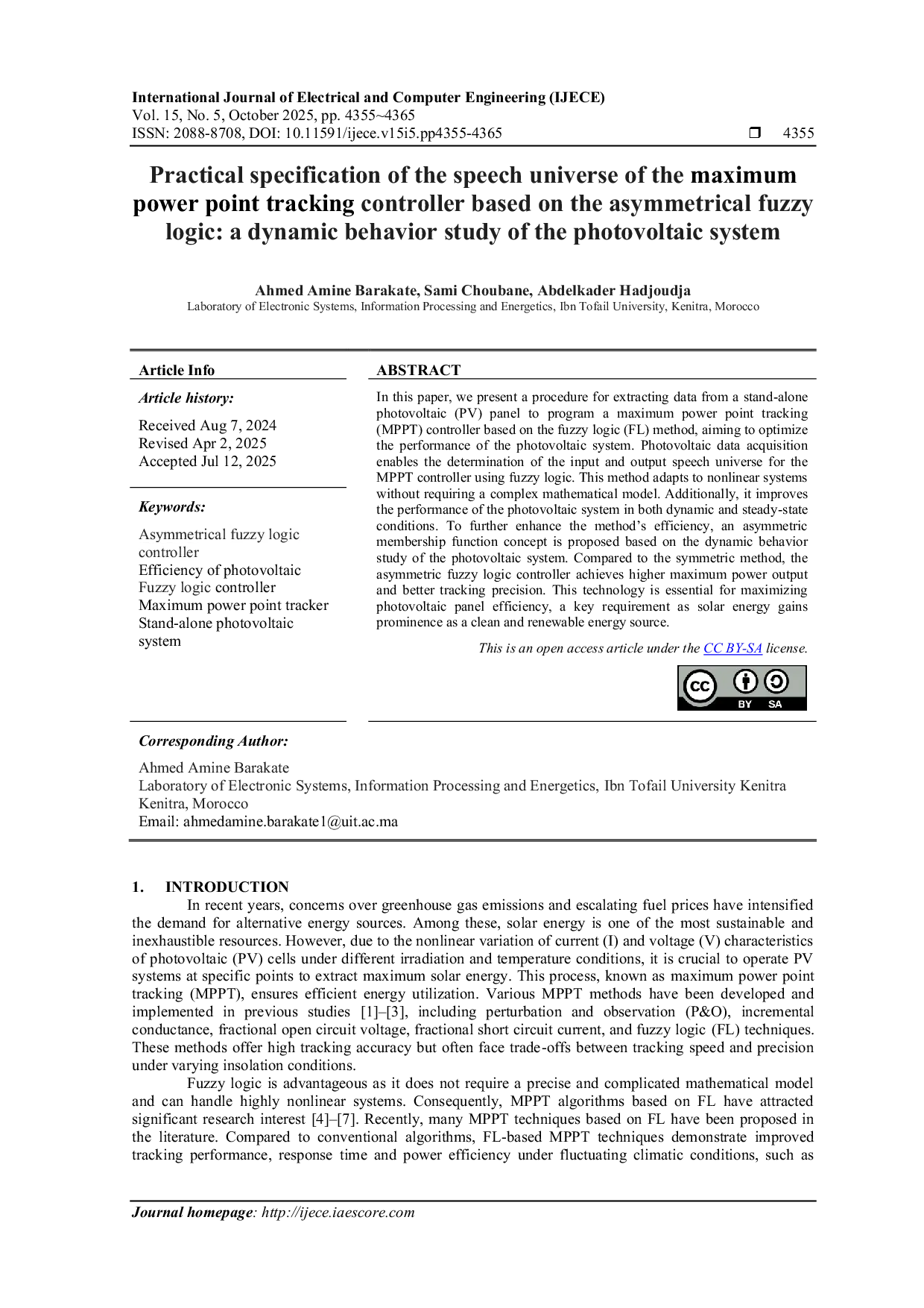 JURIS Practical specification of the speech universe of the maximum power point tracking controller based on the asymmetrical fuzzy logic a dynamic behavior study of the photovoltaic system