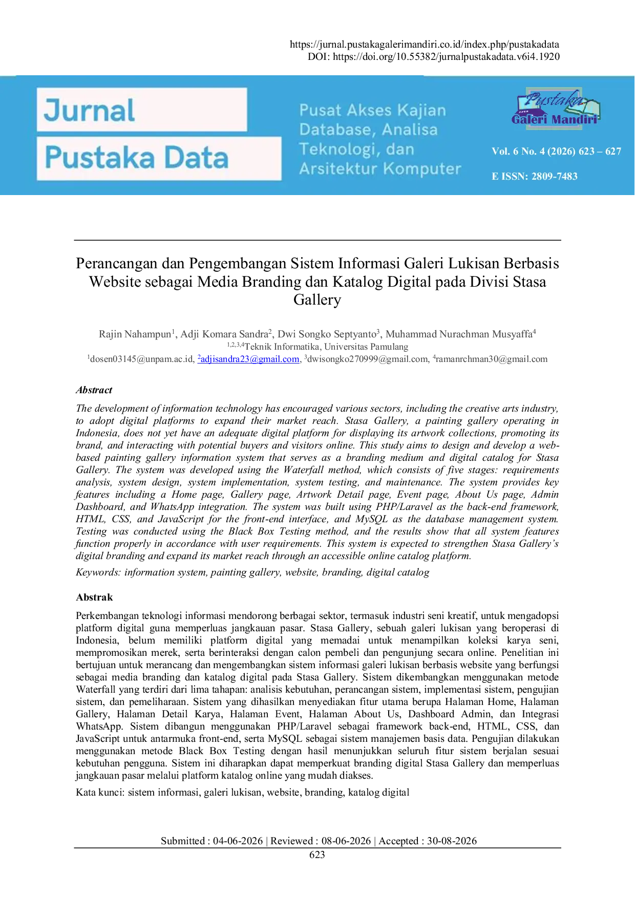 JURIS Perancangan dan Pengembangan Sistem Informasi Galeri Lukisan Berbasis Website sebagai Media Branding dan Katalog Digital pada Divisi Stasa Gallery