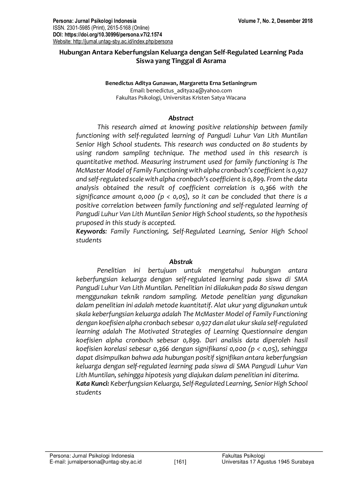 JURIS Hubungan Antara Keberfungsian Keluarga Dengan Self Regulated Learning Pada Siswa Yang Tinggal Di Asrama