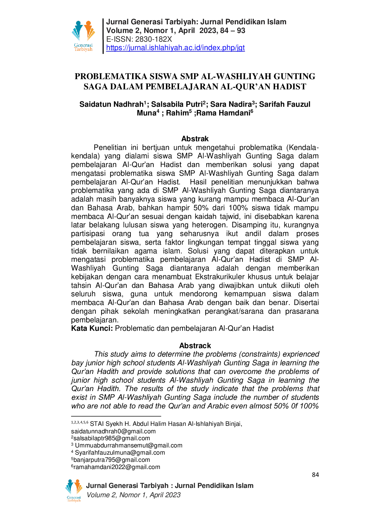 JURIS Problematika Siswa SMP Al Washliyah Gunting Saga Dalam Pembelajaran Al Qur an Hadist