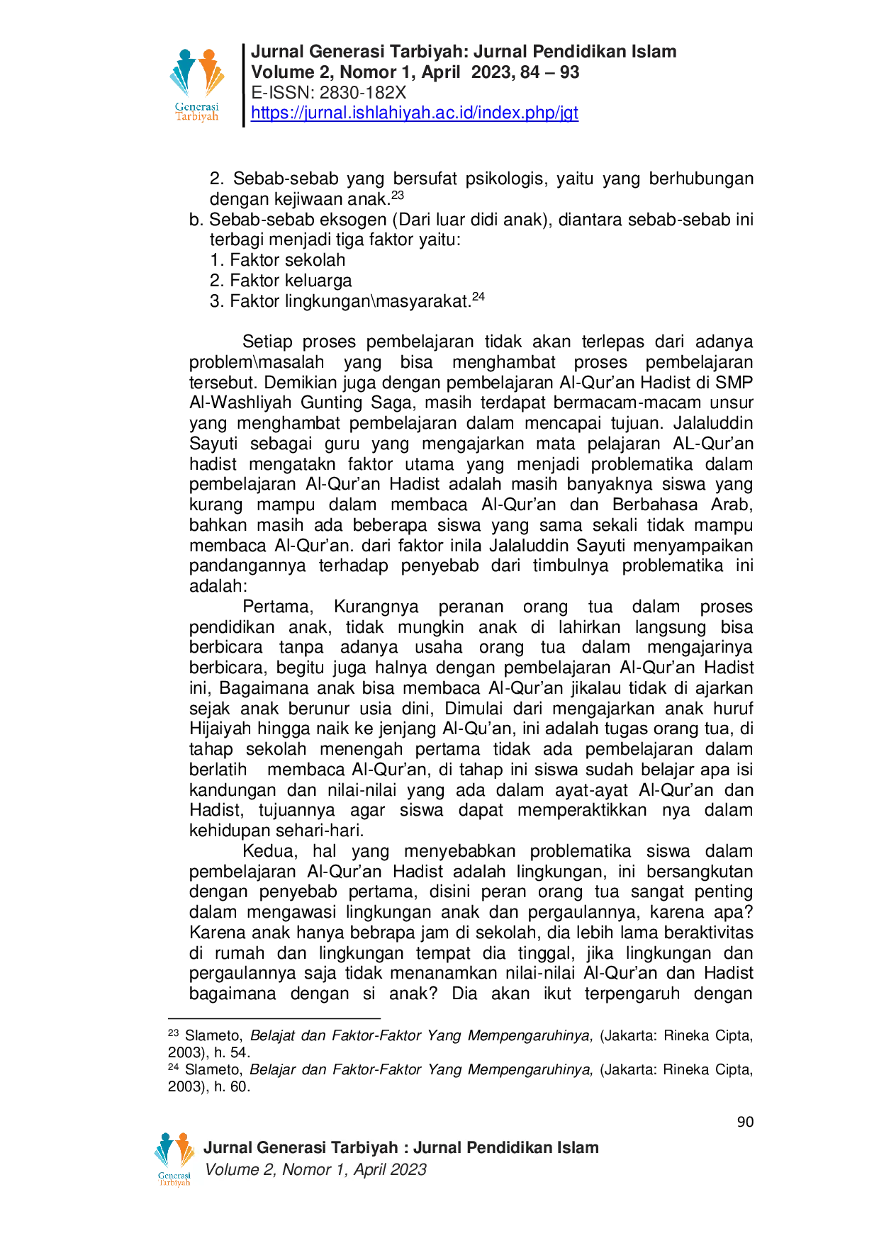 JURIS Problematika Siswa SMP Al Washliyah Gunting Saga Dalam Pembelajaran Al Qur an Hadist