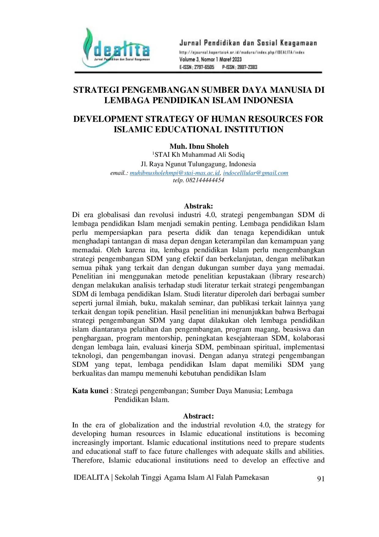 JURIS Strategi Pengembangan Sumber Daya Manusia Di Lembaga Pendidikan Islam Indonesia