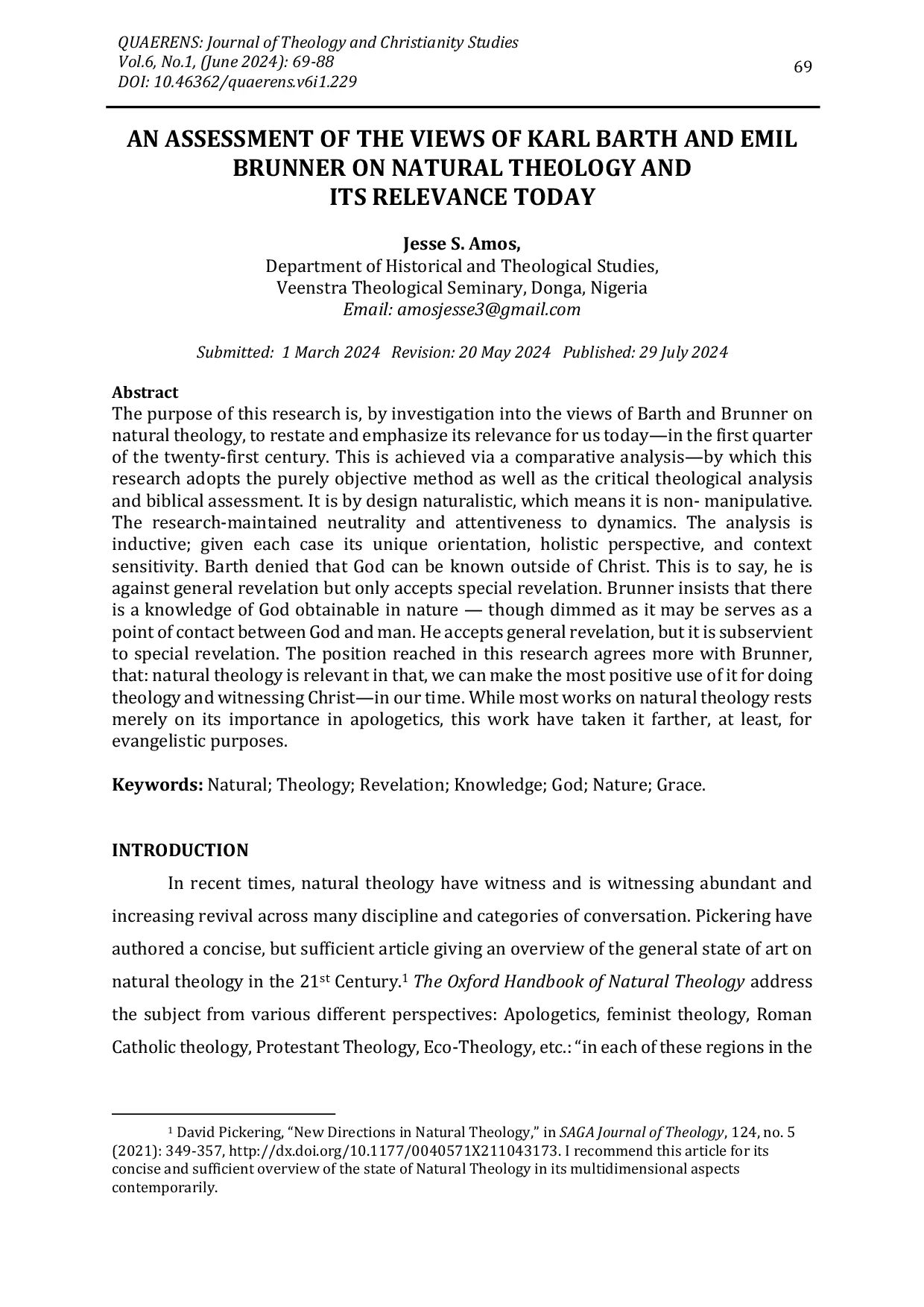 JURIS An Assessment of the Views of Karl Barth and Emil Brunner on Natural Theology and Its Relevance Today