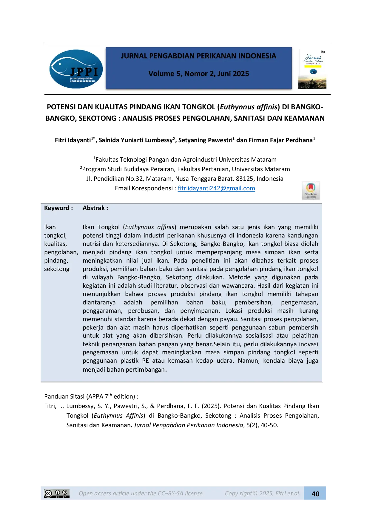 JURIS POTENSI DAN KUALITAS PINDANG IKAN TONGKOL Euthynnus affinis DI BANGKO BANGKO SEKOTONG ANALISIS PROSES PENGOLAHAN SANITASI DAN KEAMANAN