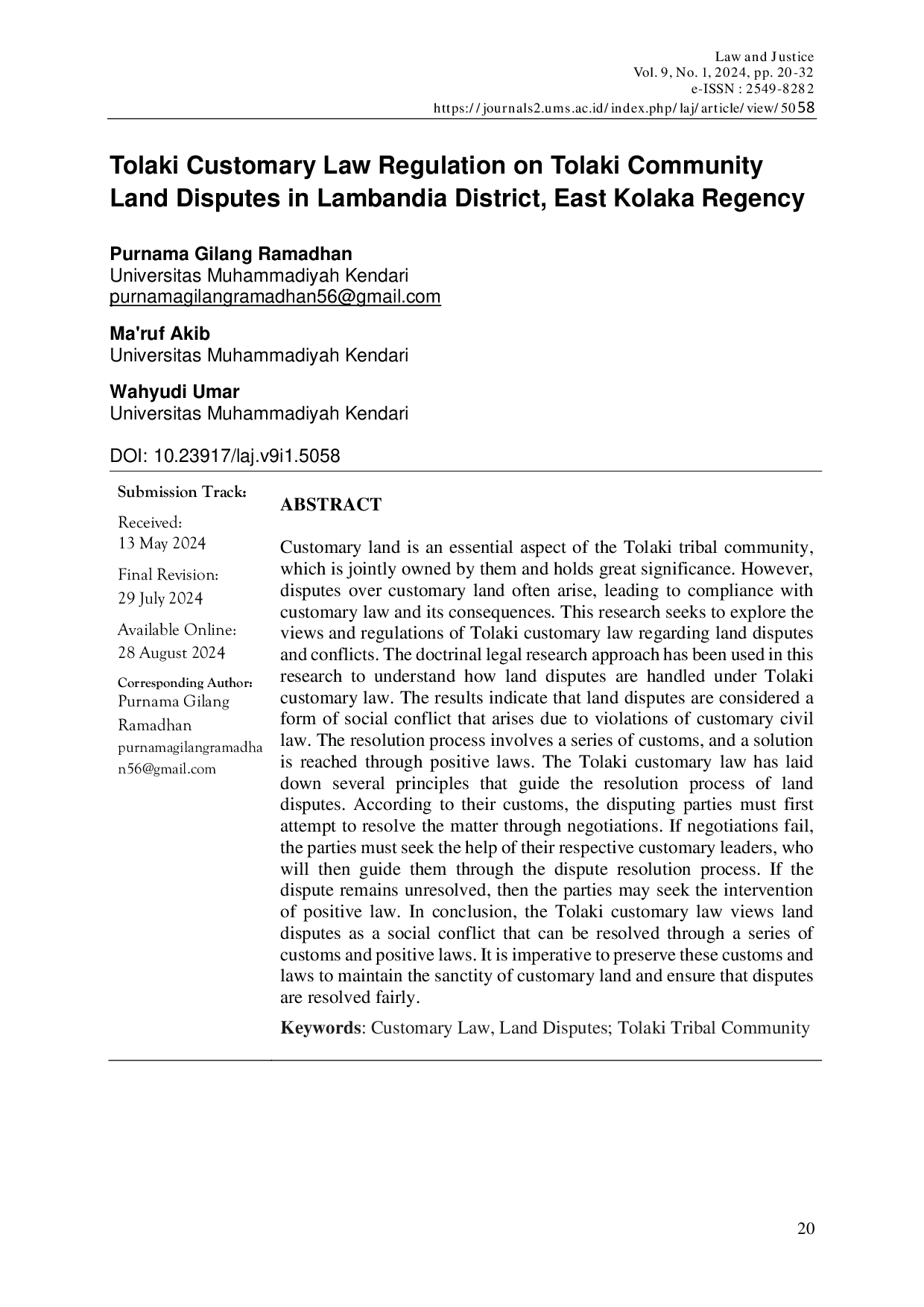 JURIS Tolaki Customary Law Regulation on Tolaki Community Land Disputes in Lambandia District East Kolaka Regency
