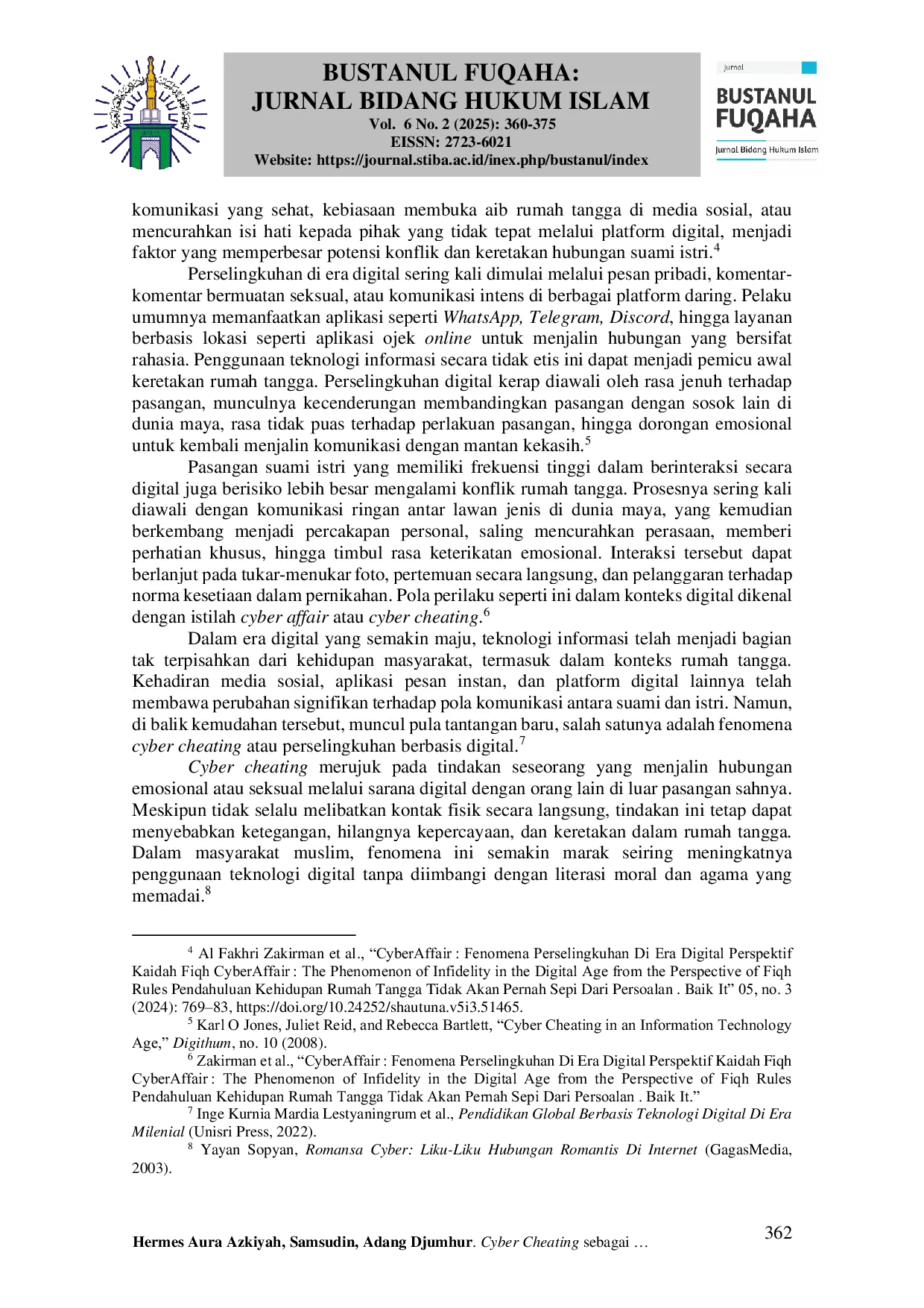 JURIS Cyber Cheating sebagai Bentuk Pelanggaran Hak Pasangan Suami Istri dalam Hukum Keluarga Islam Cyber Cheating as a Form of Violation of Wife s Rights in Islamic Family Law